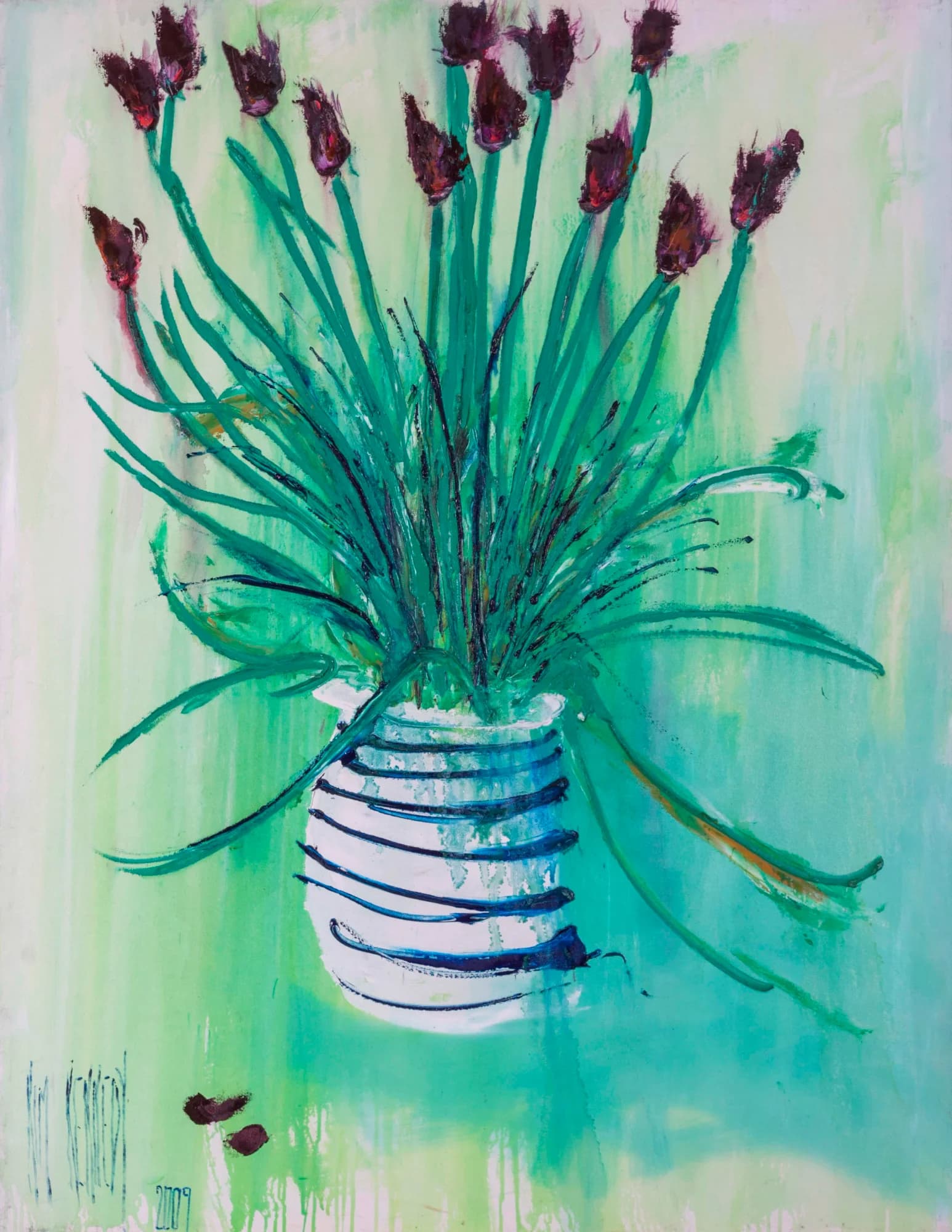 Tulips: burgundy tulips on long green stems in striped vase, minty green wash. Original painting by Kim Kennedy.