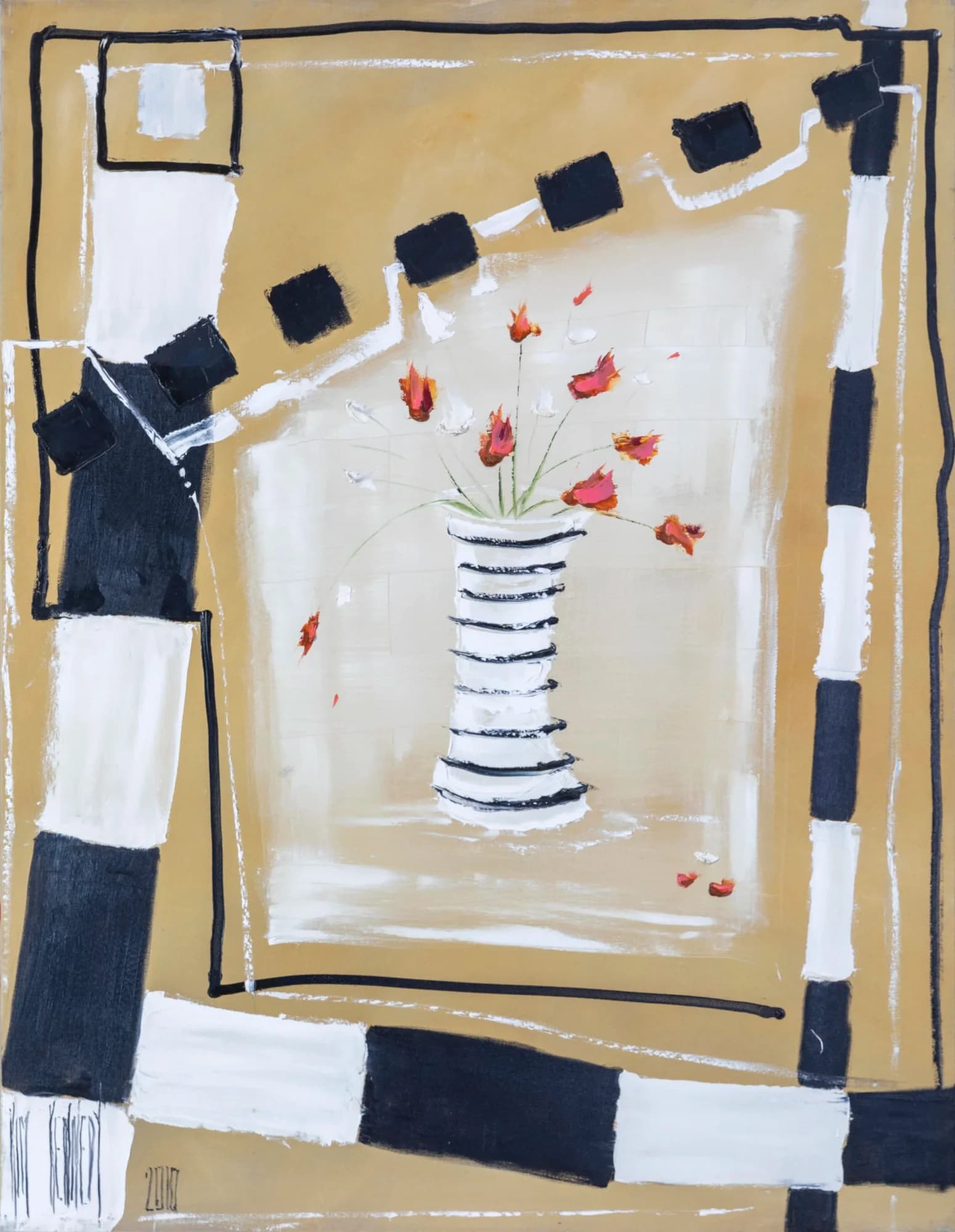 View through a Window: red poppies in tall striped vase on tan ground with black-white geometric frame. Original painting by Kim Kennedy.