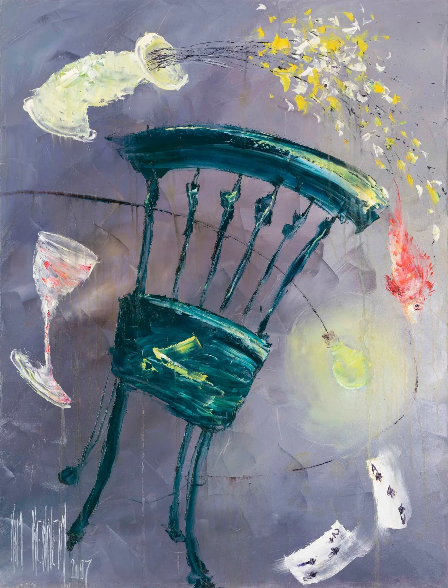 Around and Around: teal chair with wine glass, light bulb and playing cards on grey. Original painting by Kim Kennedy.