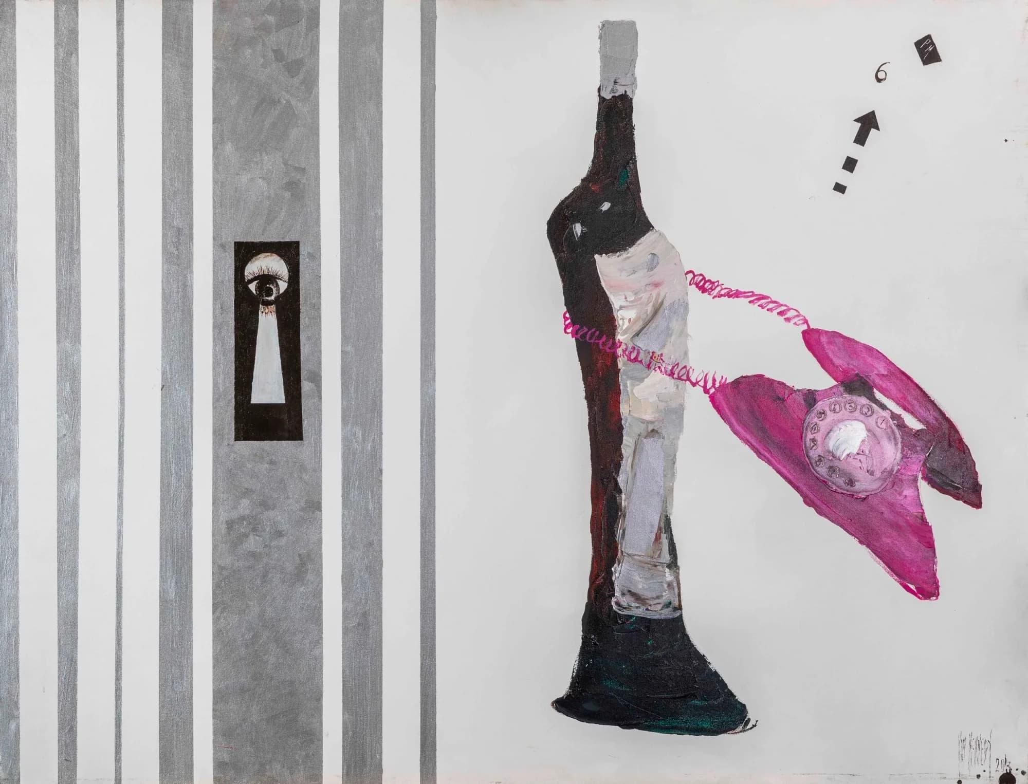 Call me at 6pm: dark bottle figure with pink rotary telephone, silver striped panel. Original painting by Kim Kennedy.