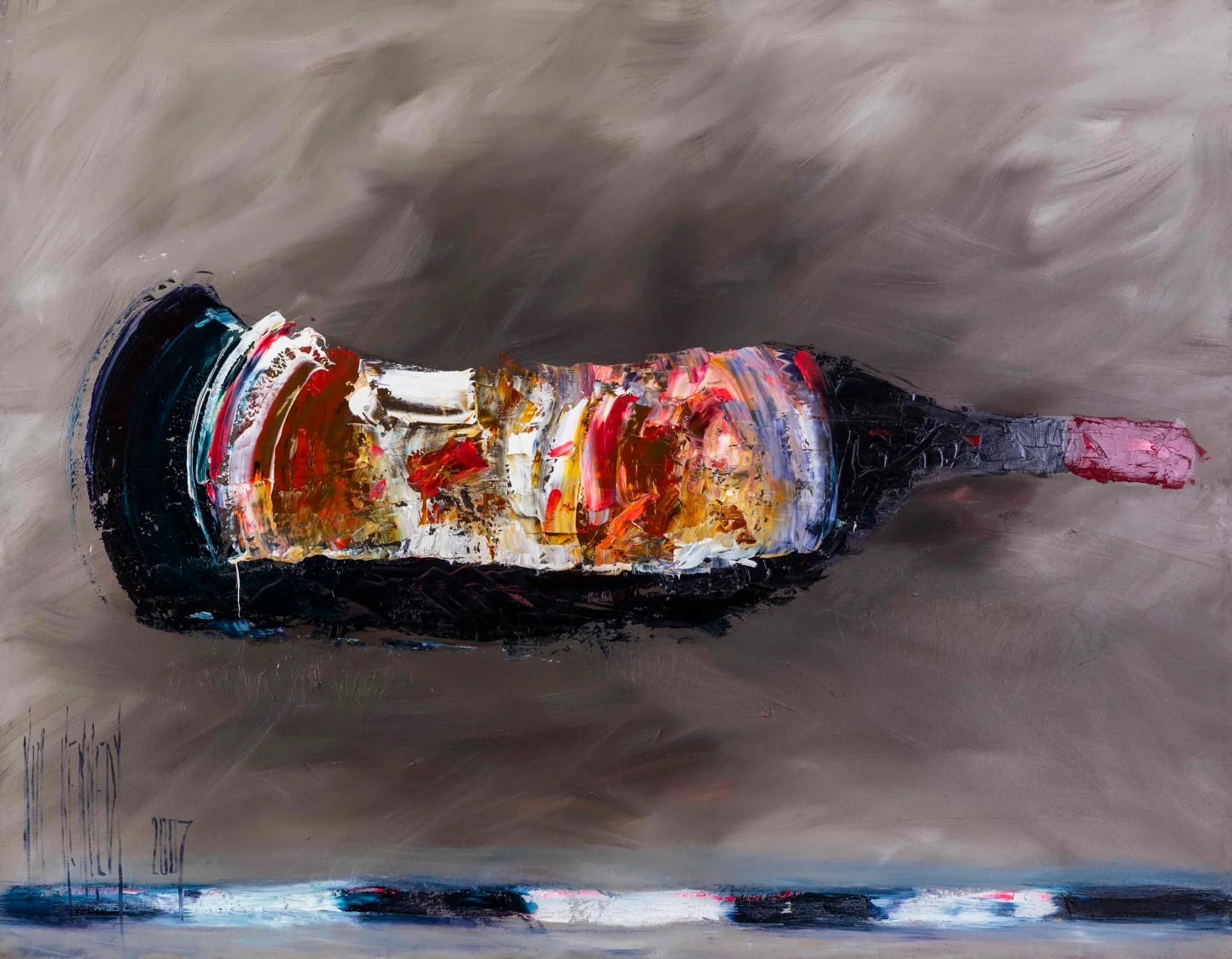 Empty Bottle: impasto wine bottle on its side, amber reds on smoky grey. Original painting by Kim Kennedy.