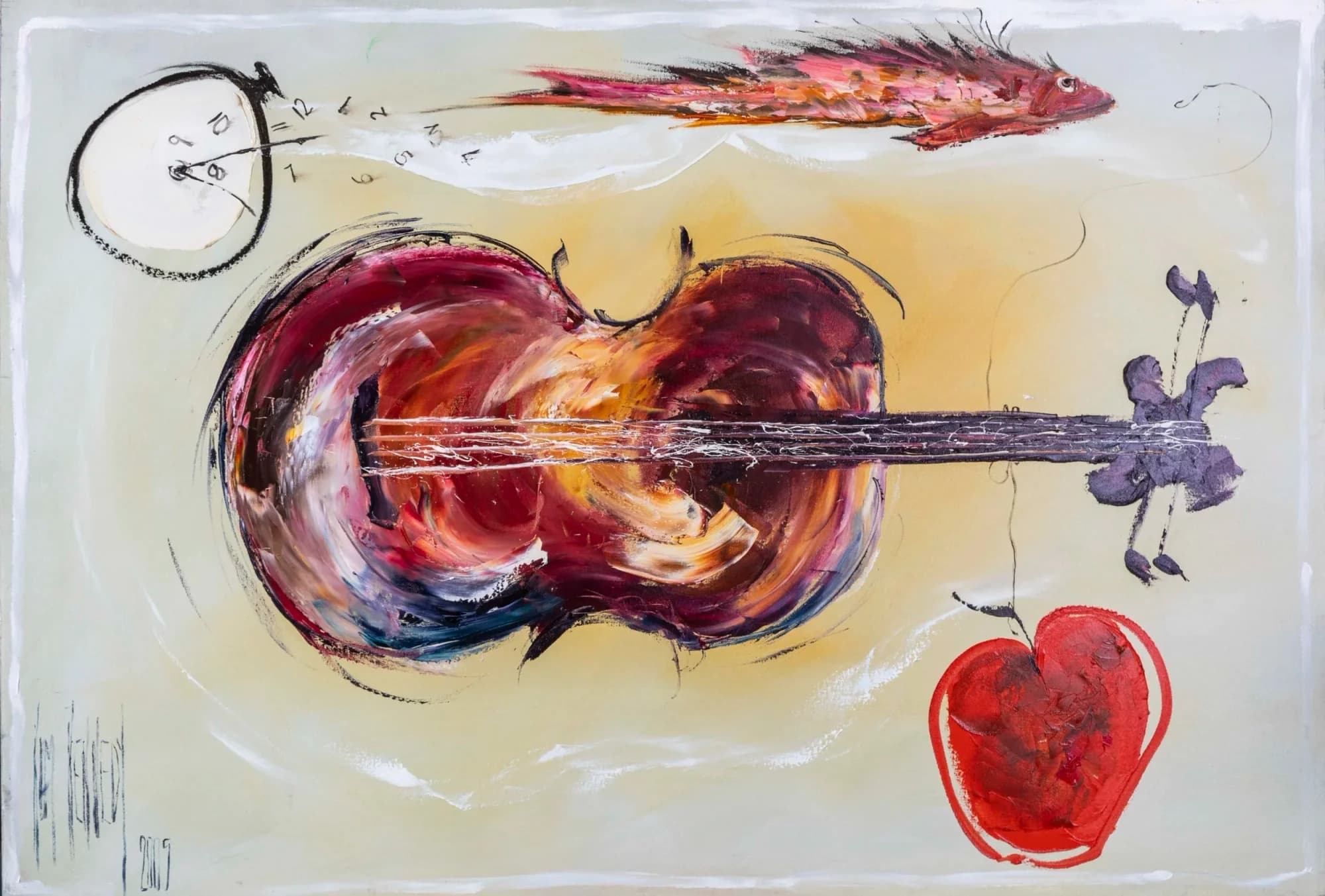Kitchen Things: crimson cello with red fish, clock and heart on pale ground. Original painting by Kim Kennedy.