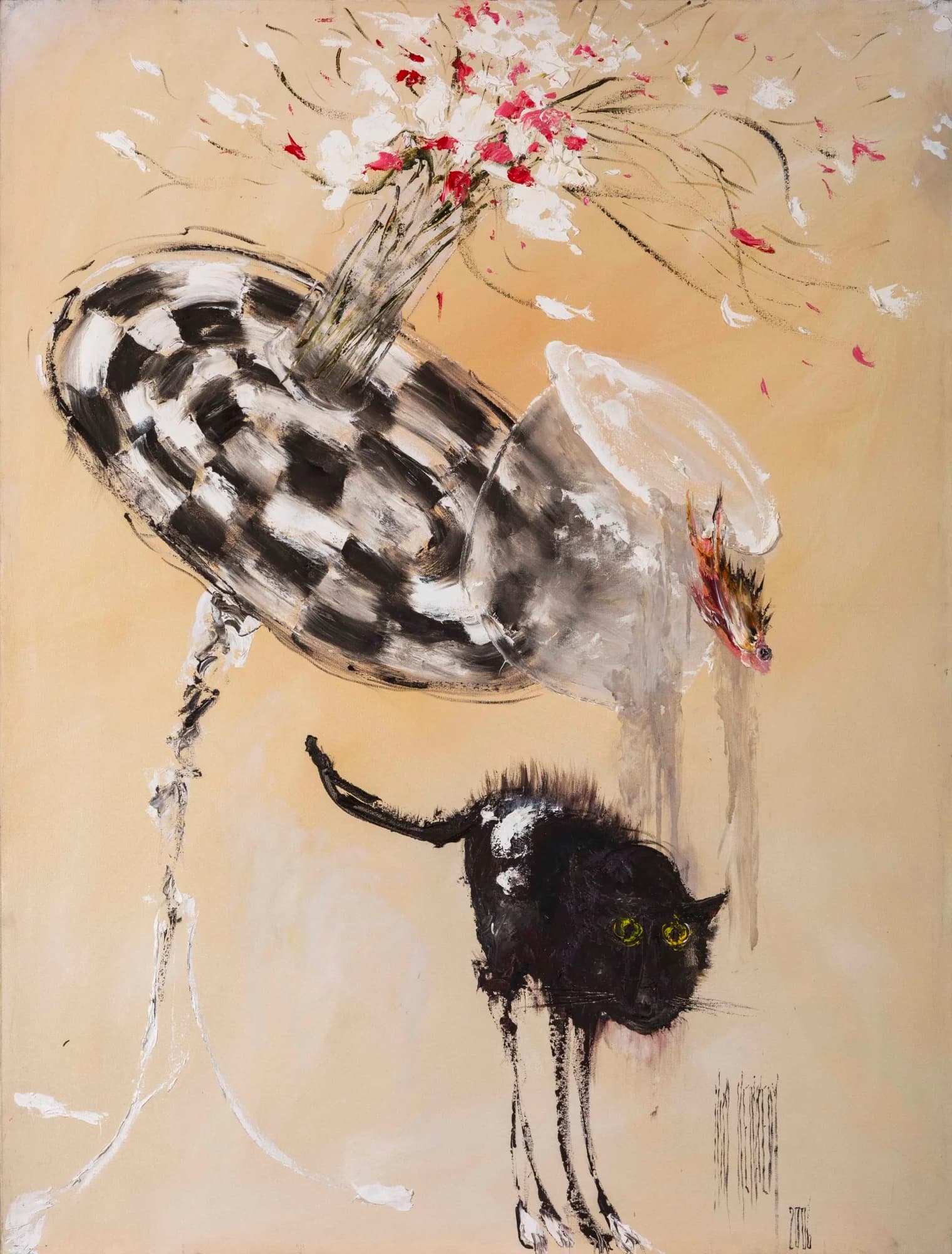 Not A Good Day: black cat under checkered table with pink flower vase, cream backdrop. Original painting by Kim Kennedy.