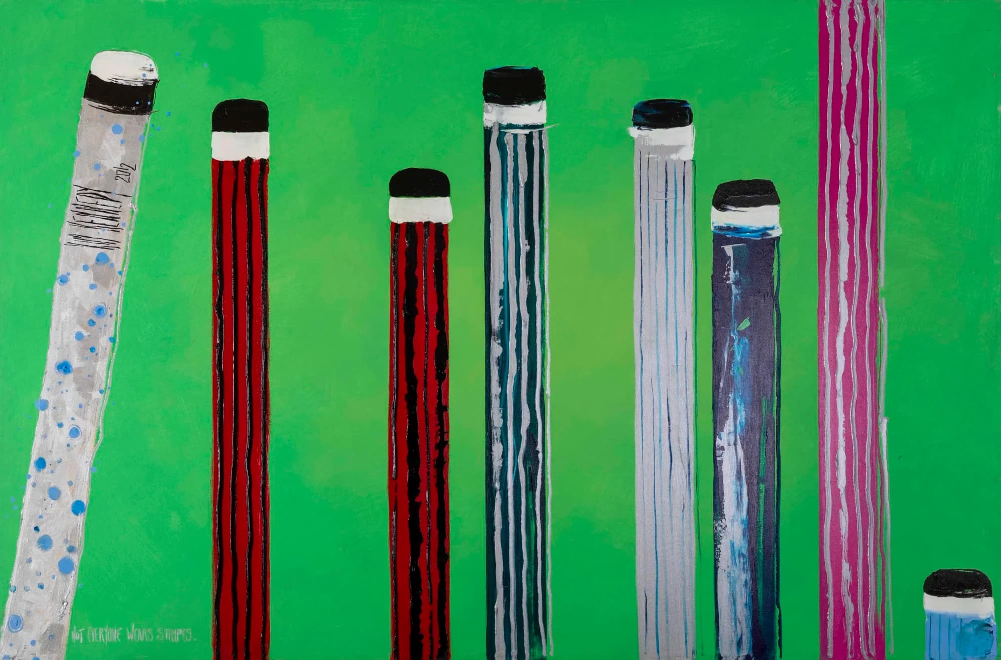 Not Everyone Wears Stripes: colourful striped vertical posts on vivid green background. Original painting by Kim Kennedy.