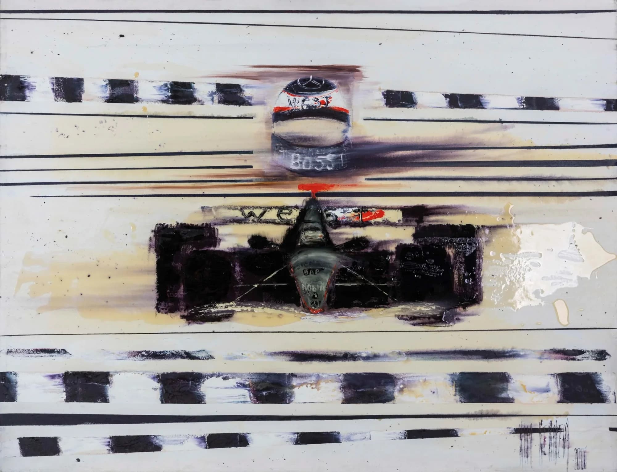 On The Grid: blurred Formula 1 car and helmet speeding over black-white track stripes. Original painting by Kim Kennedy.