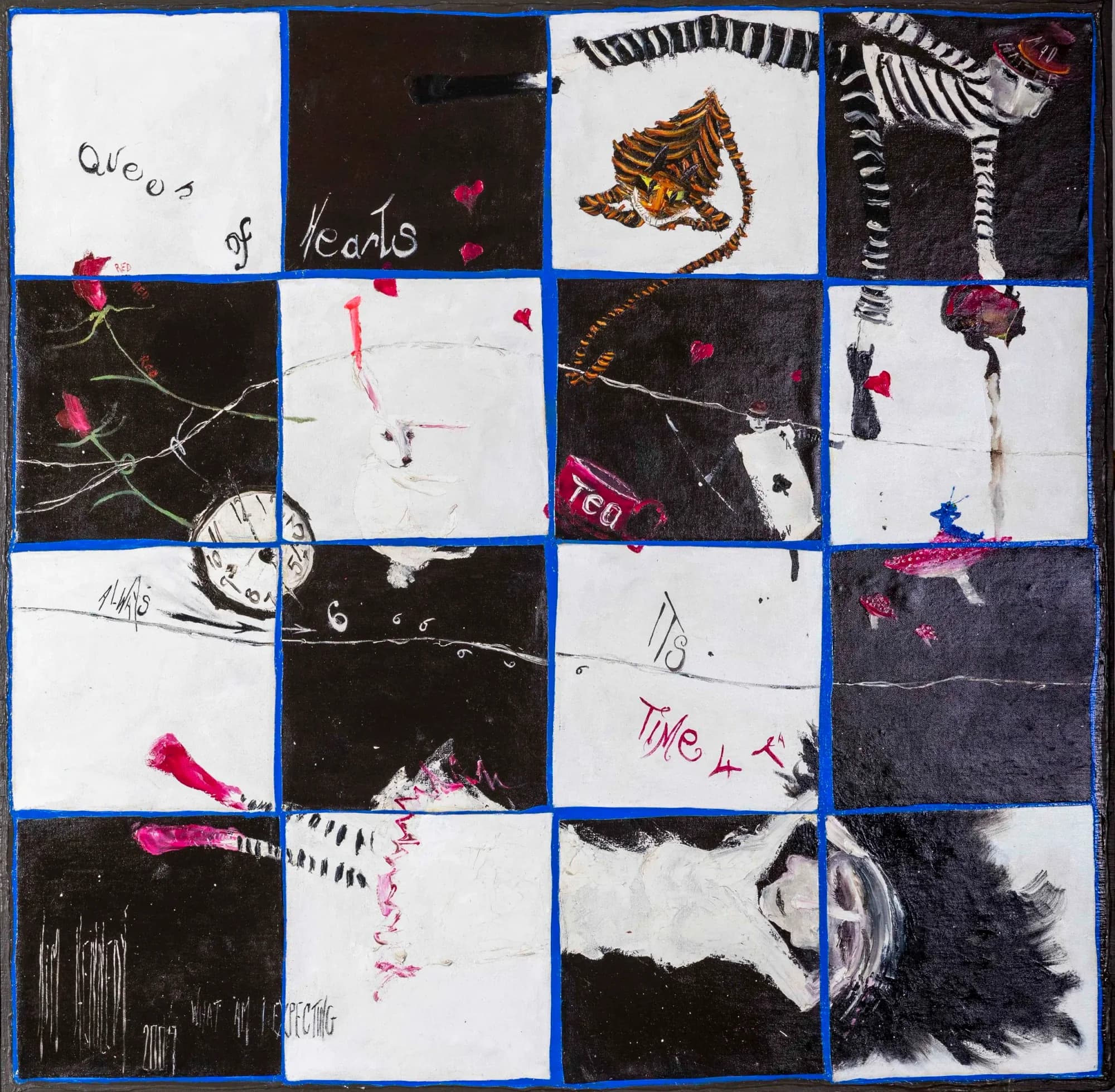 Queen of Hearts 2: black-white grid of Alice motifs, tigers, hearts and clocks, blue lines. Original painting by Kim Kennedy.