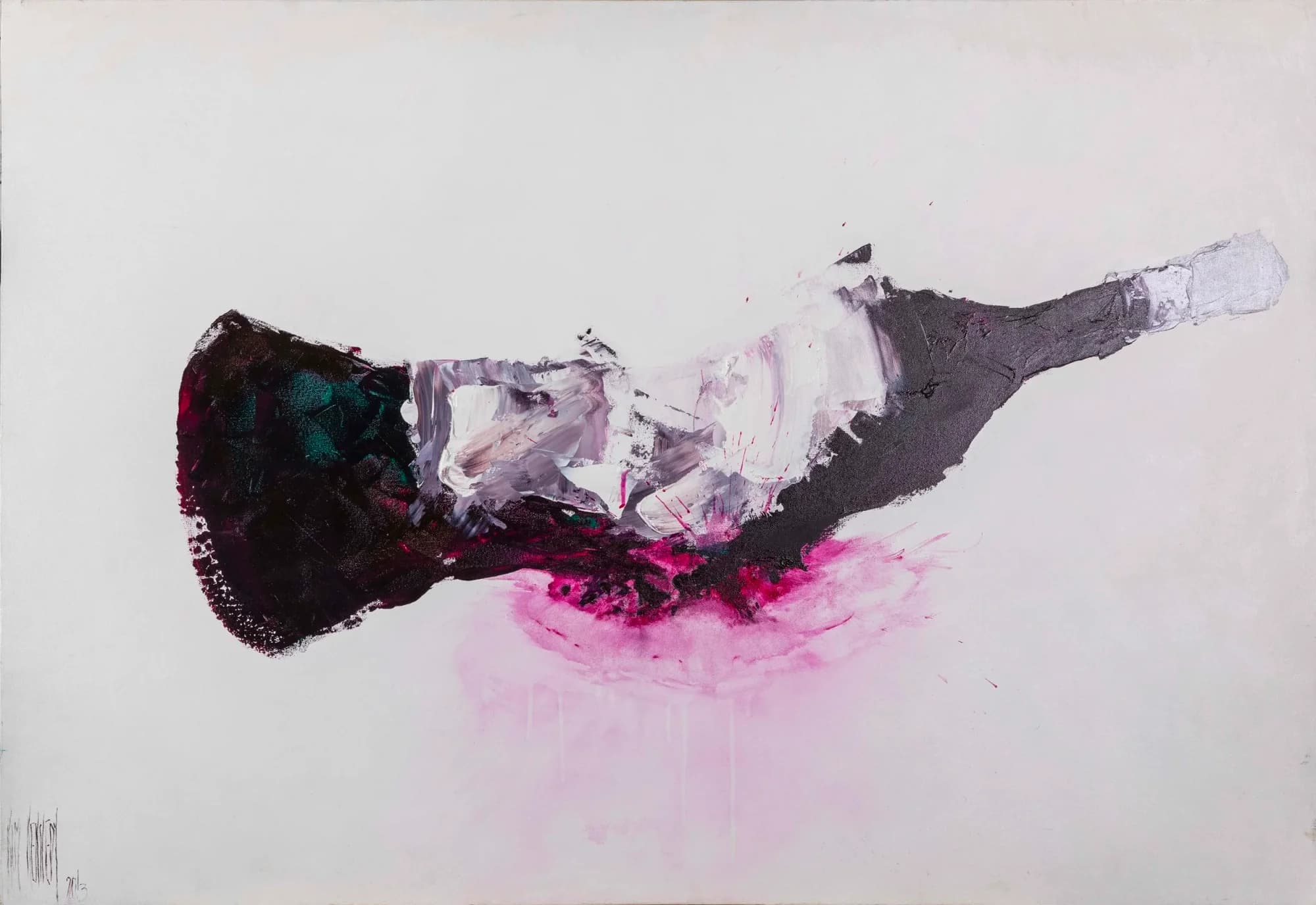 Rain Down Red: abstract dark bottle form with magenta wash on white field. Original painting by Kim Kennedy.