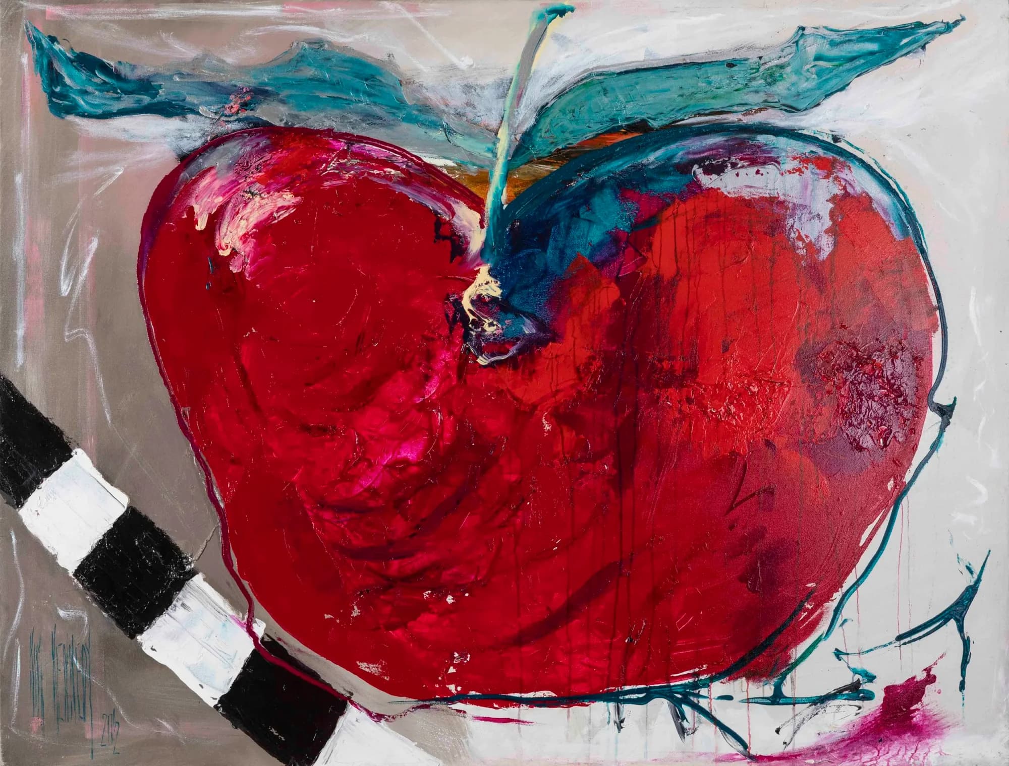 Red Candy: giant textured red apple with teal leaves and striped corner. Original painting by Kim Kennedy.