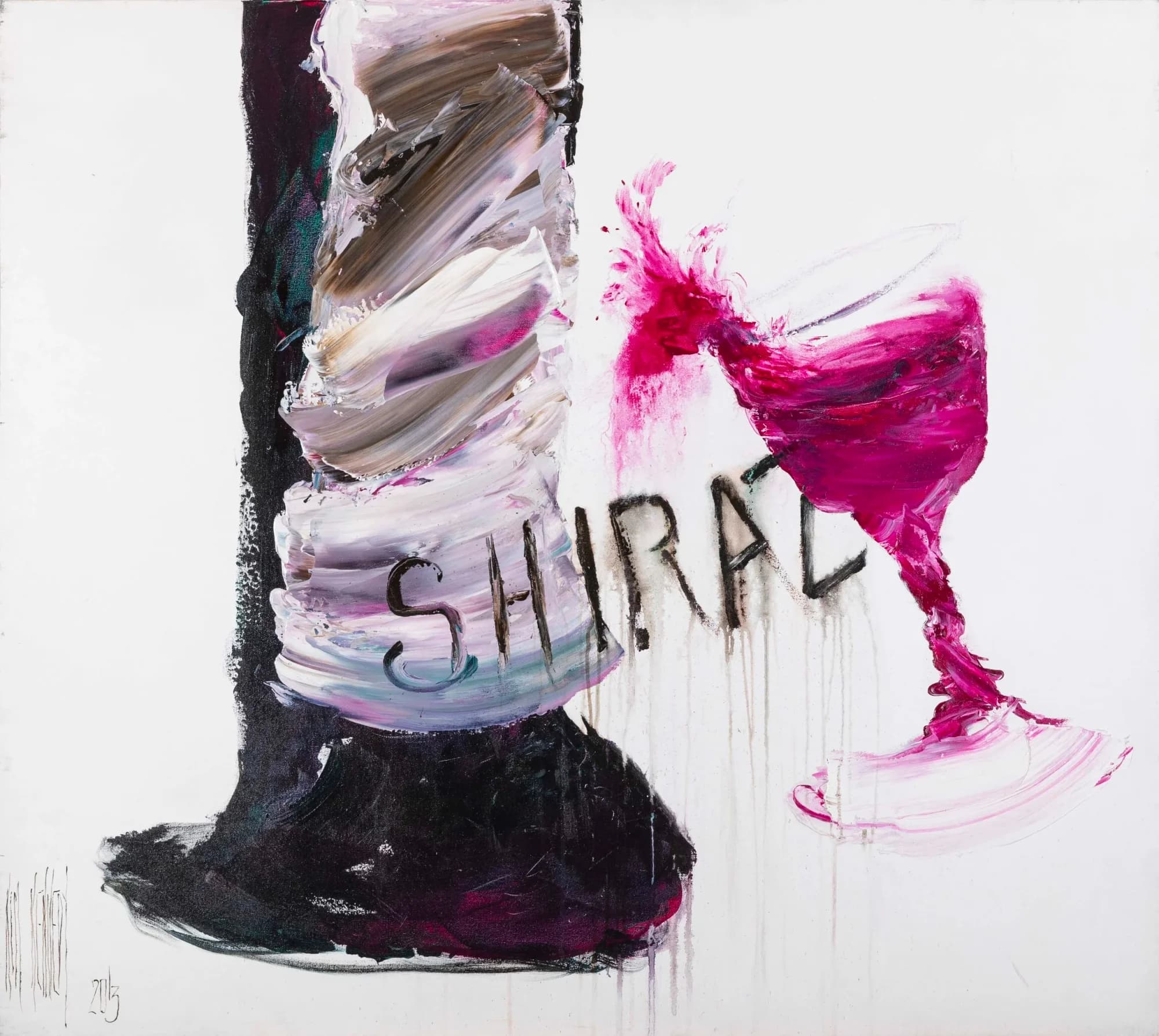 Some Place It Is 6 O'clock: toppled magenta wine glass splashing beside black bottle, SHIRAZ text, white ground. Original painting by Kim Kennedy.
