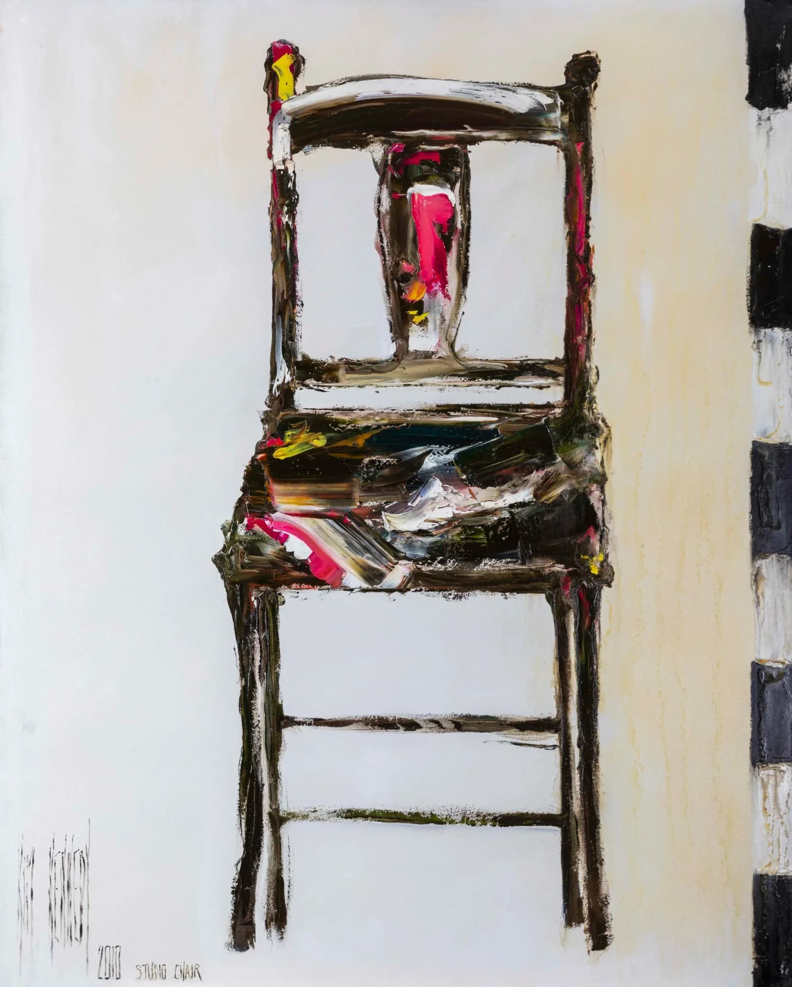 Studio Chair: paint-smeared black wooden studio chair with pink drips, cream background, checker stripe. Original painting by Kim Kennedy.