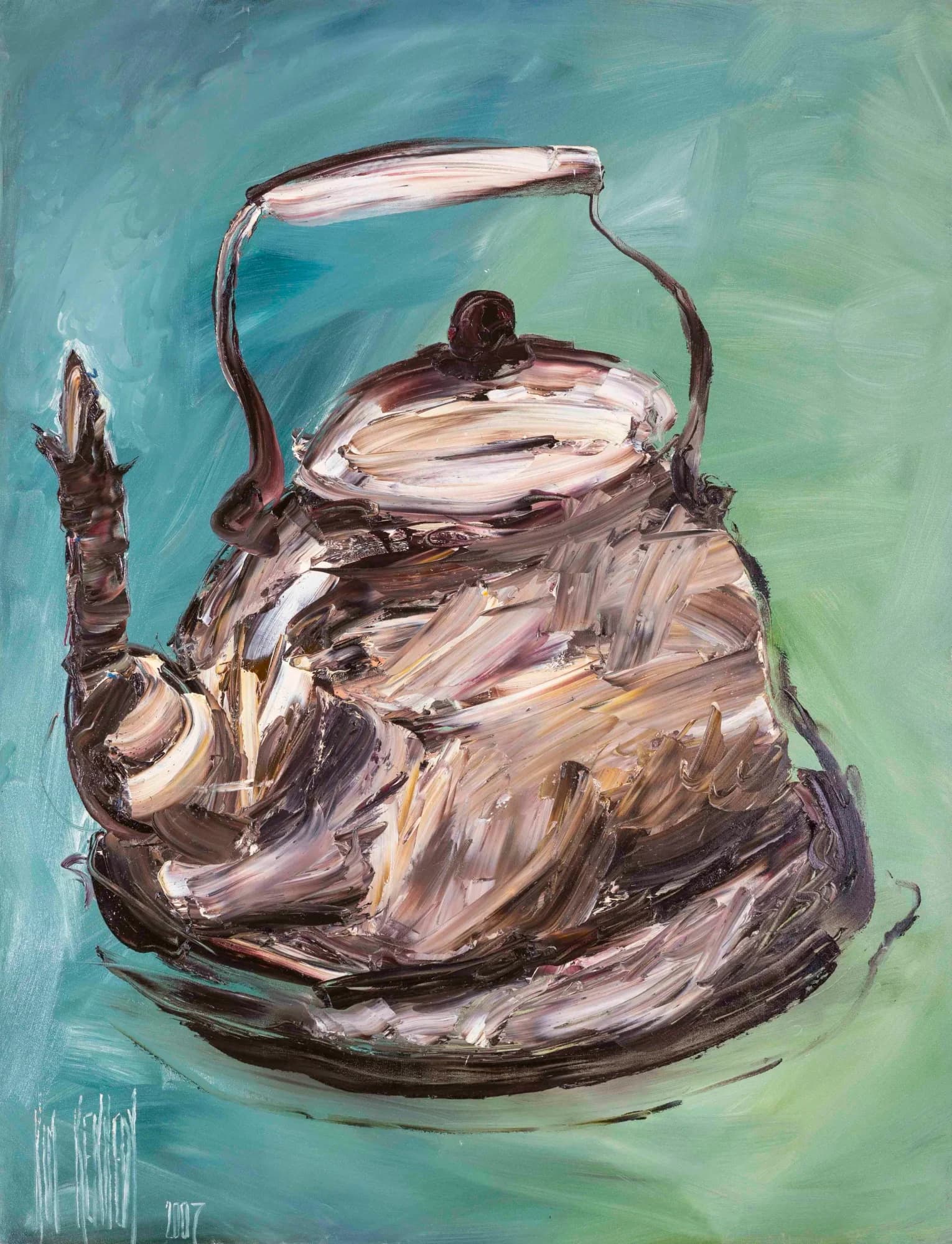Tea Pot 2: thick impasto bronze kettle with tall handle on teal-green background. Original painting by Kim Kennedy.