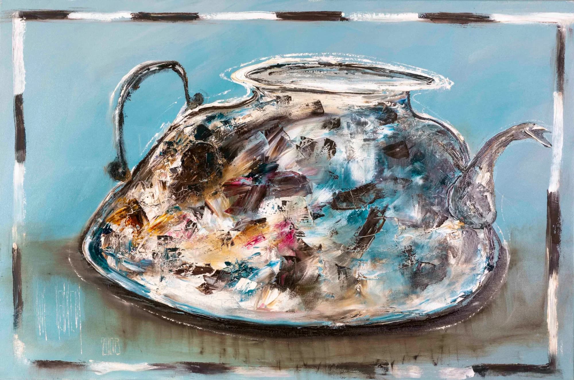 Tea Pot: impasto silver teapot with multicoloured brushwork on soft blue ground, black border. Original painting by Kim Kennedy.