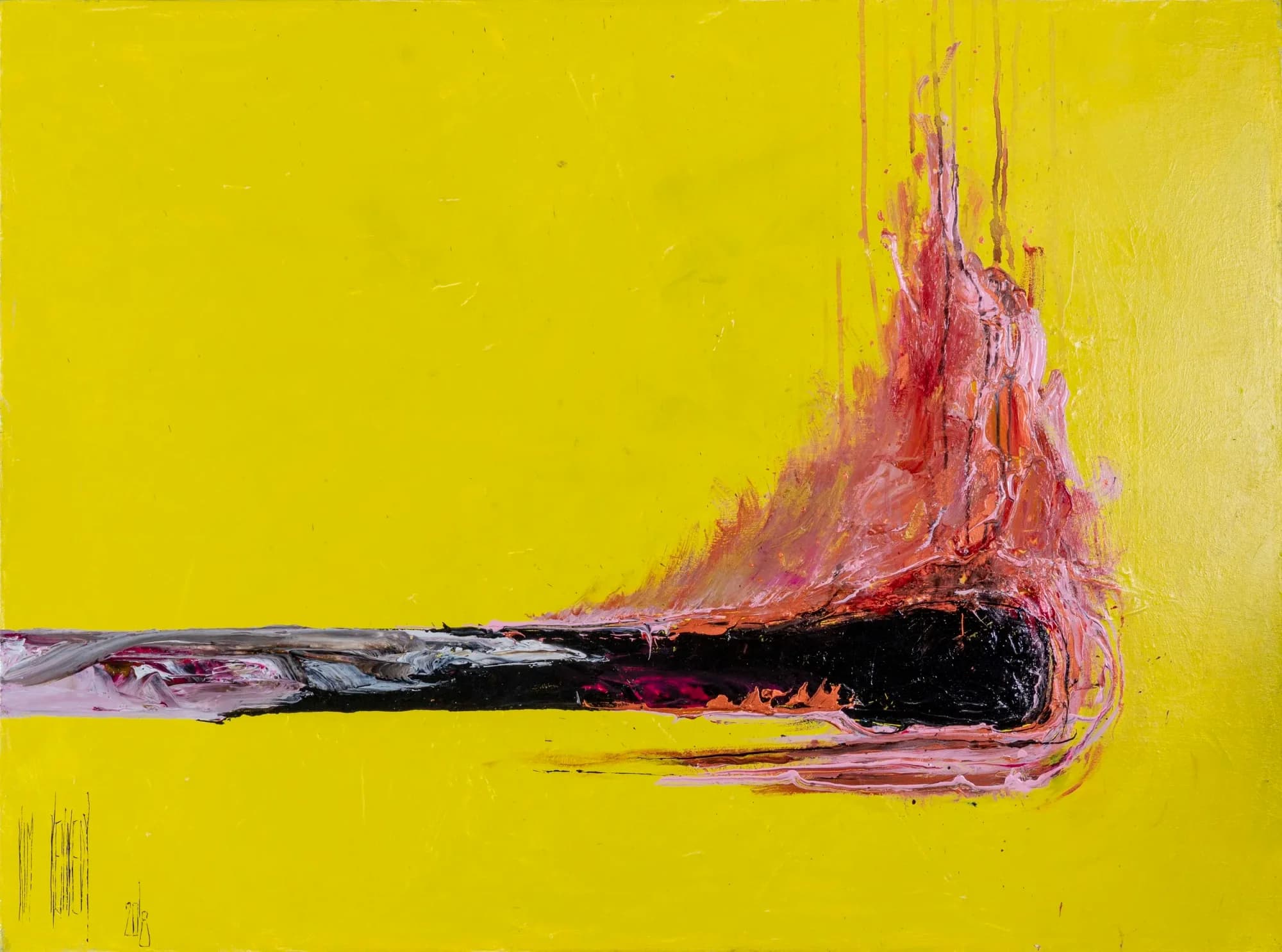 The Burning: single burnt match with pink-red flame smear on vivid yellow field. Original painting by Kim Kennedy.