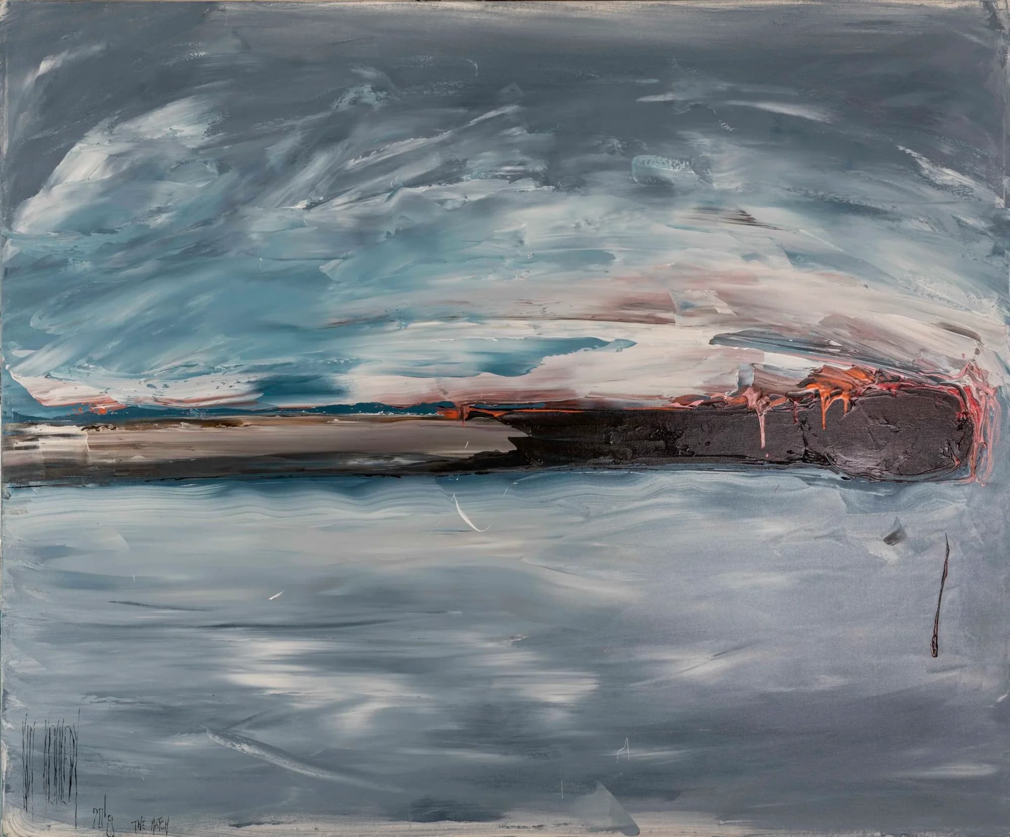 The Match: moody grey abstract seascape horizon, dark charred band with orange embers. Original painting by Kim Kennedy.