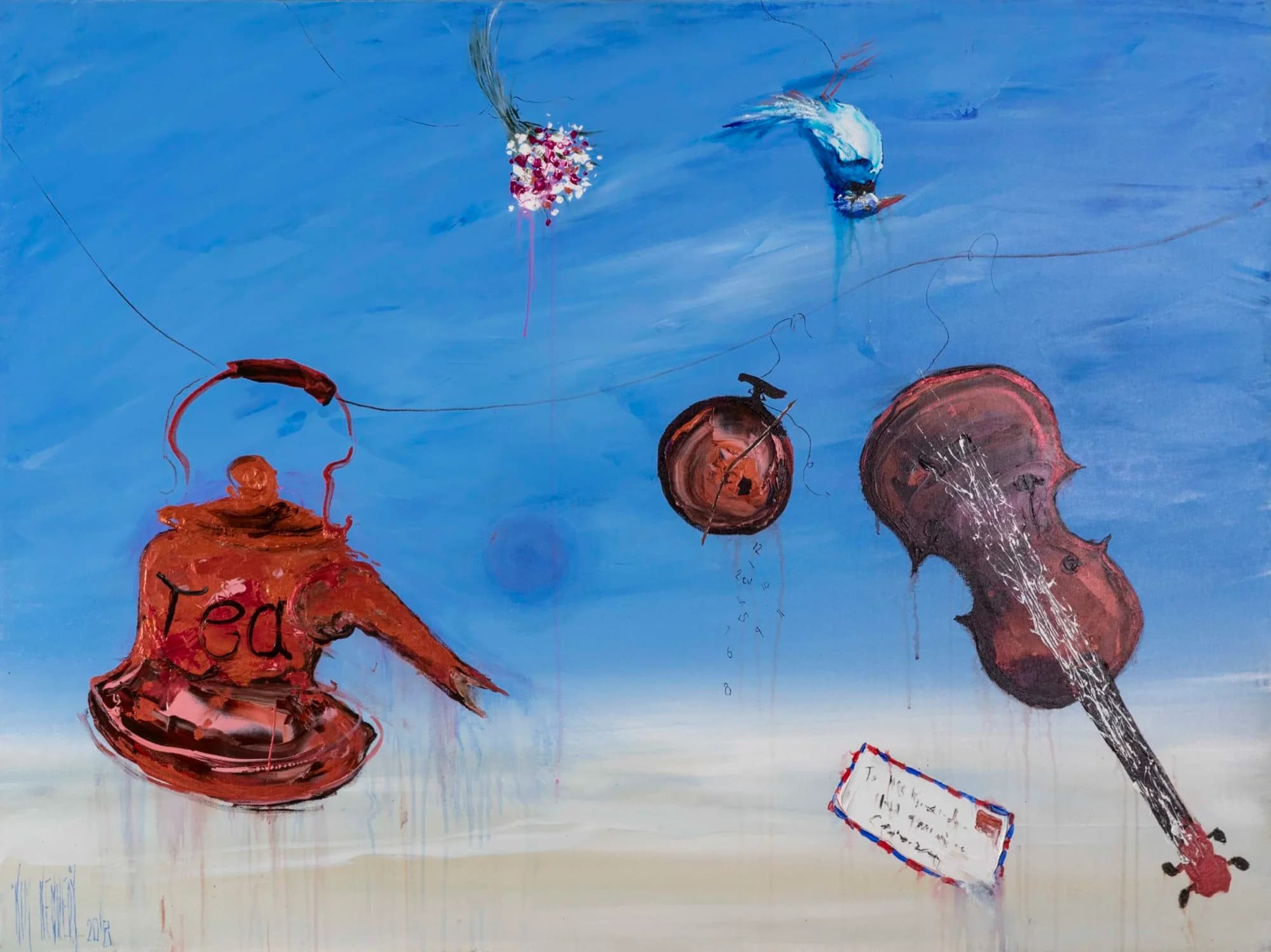 The Shape of Things: surreal blue sky with floating red teapot, violin, flowers, bird and letter. Original painting by Kim Kennedy.