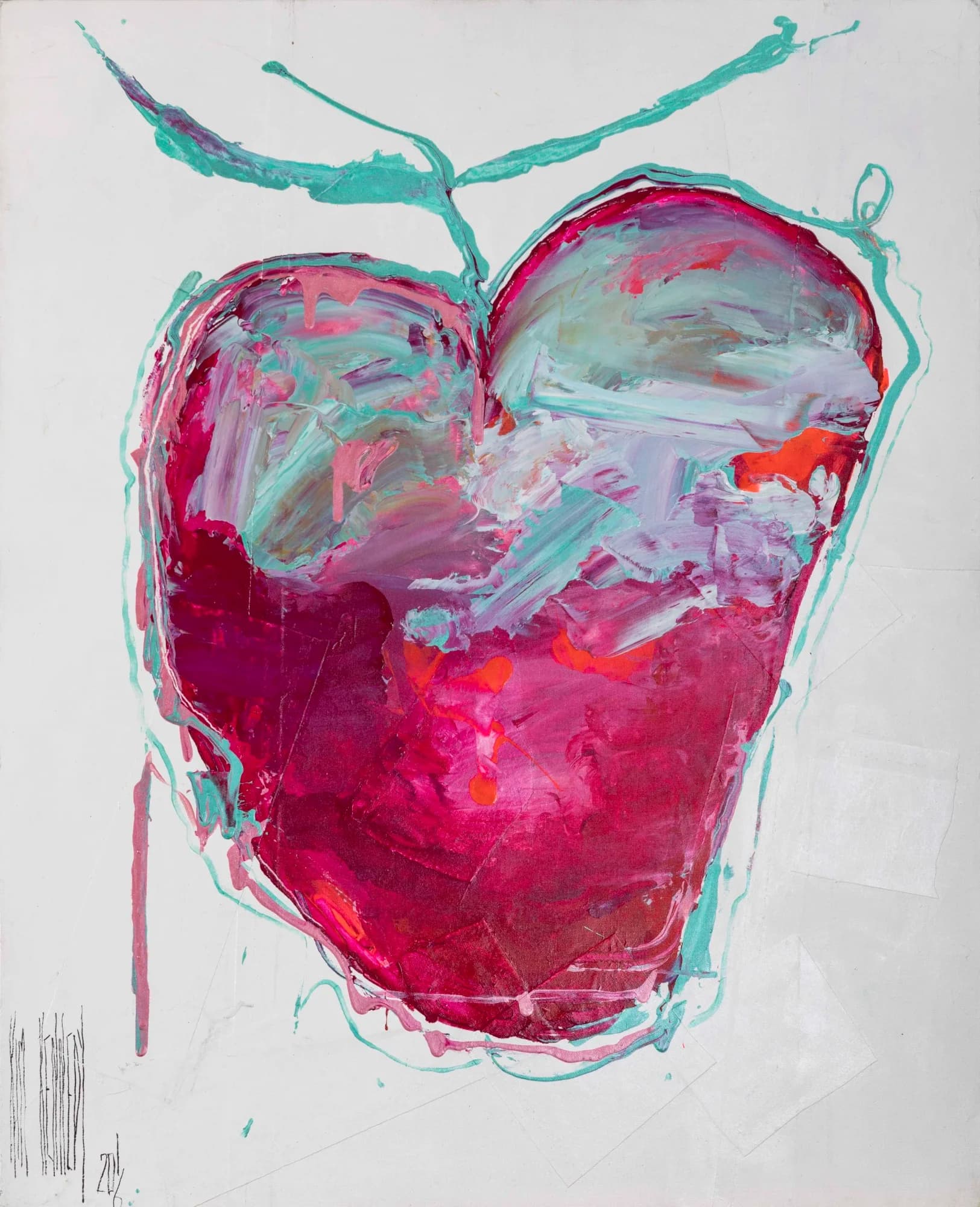The Weeping: large expressive magenta apple heart with turquoise outline on white ground. Original painting by Kim Kennedy.