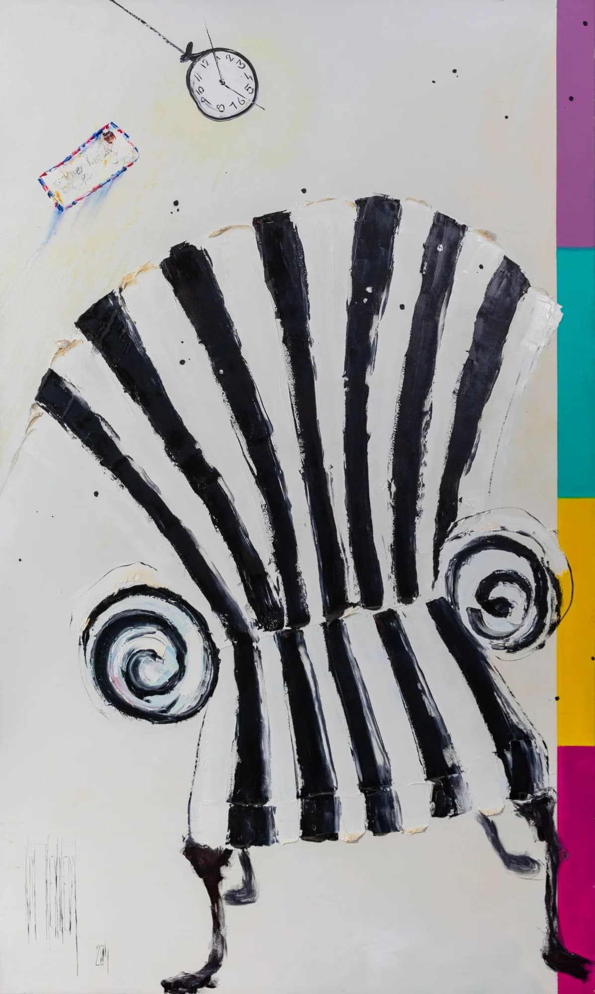 Time Swing: striped black-and-white armchair with floating clock, colour blocks at edge. Original painting by Kim Kennedy.