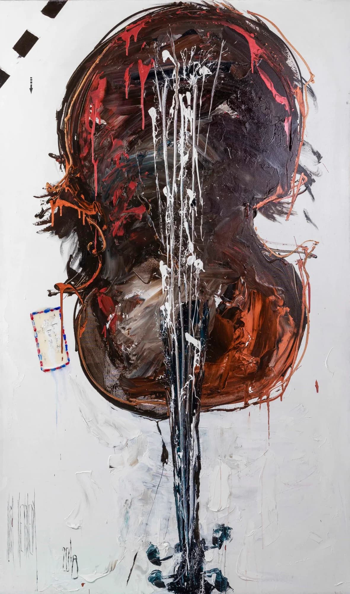 Weeping Violin, Weeping Letter: dripping dark brown-red cello with white paint streams on pale ground. Original painting by Kim Kennedy.