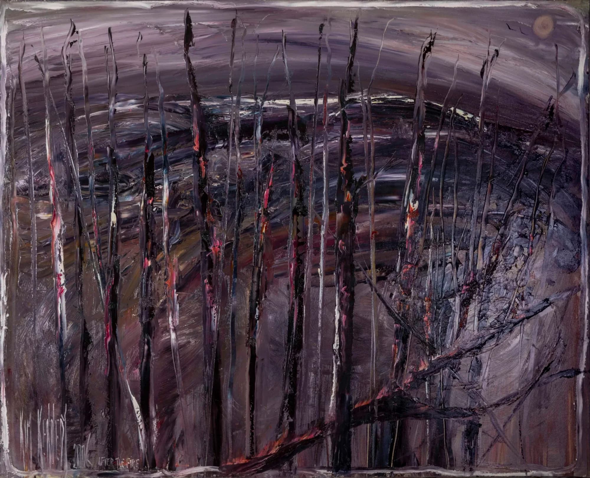 After The Fire: burnt black tree trunks against smoky purple-grey hillside, streaks of ember red. Original painting by Kim Kennedy.