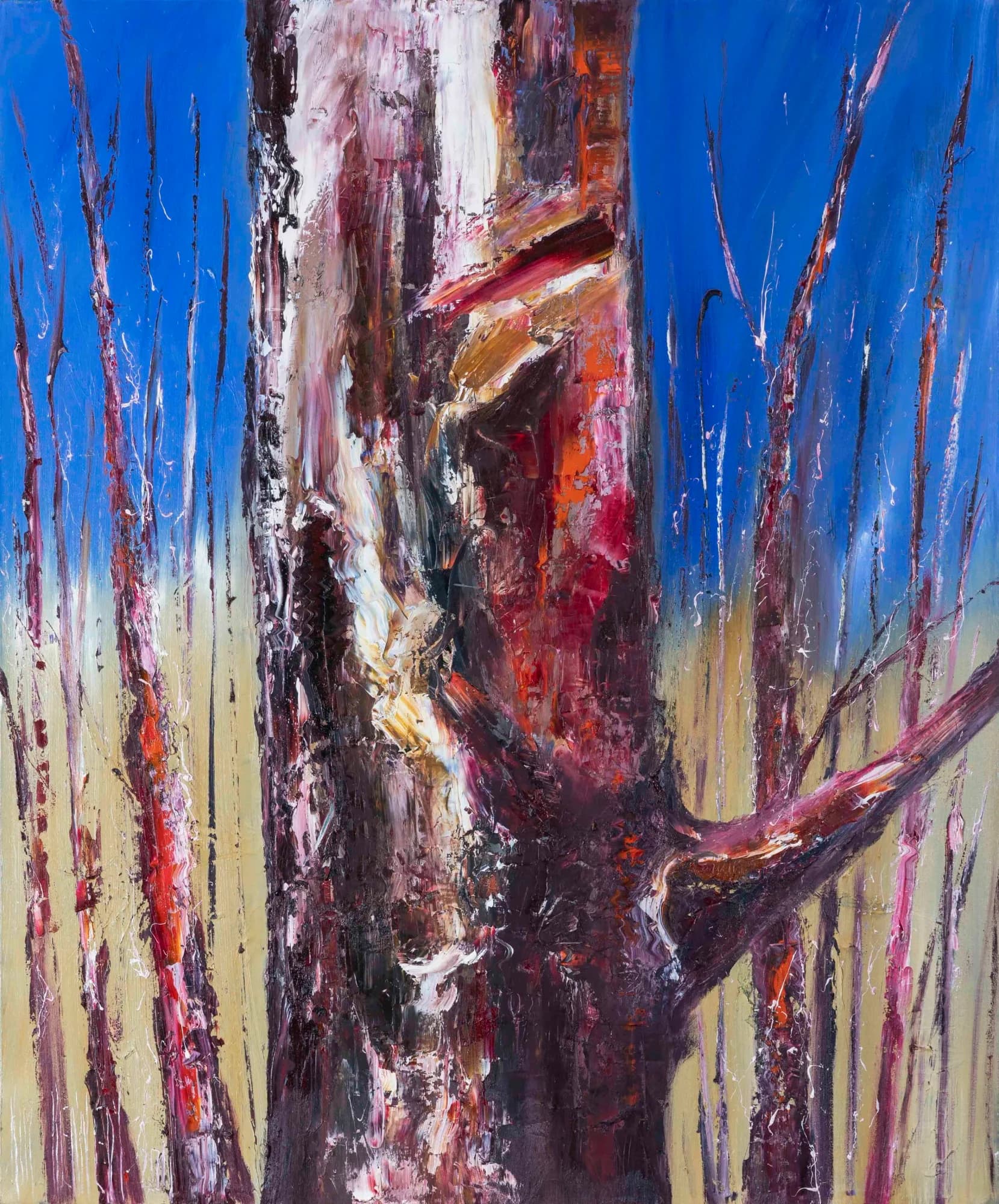 Australian Gum: textured gum tree trunk in crimson and white against vivid blue sky. Original painting by Kim Kennedy.
