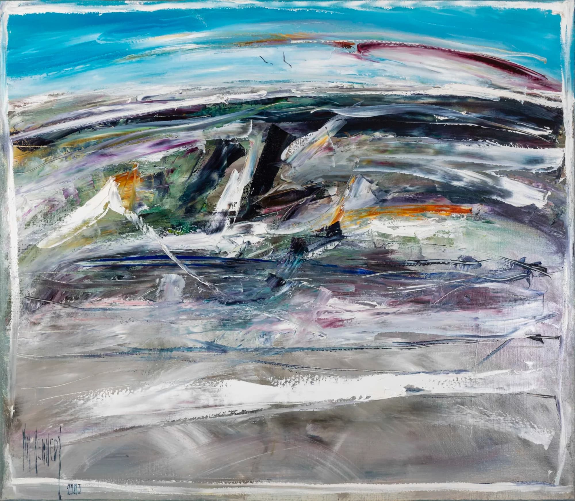 Australian Landscape: abstract windswept landscape, turquoise sky over grey-white slashed terrain with orange accents. Original painting by Kim Kennedy.