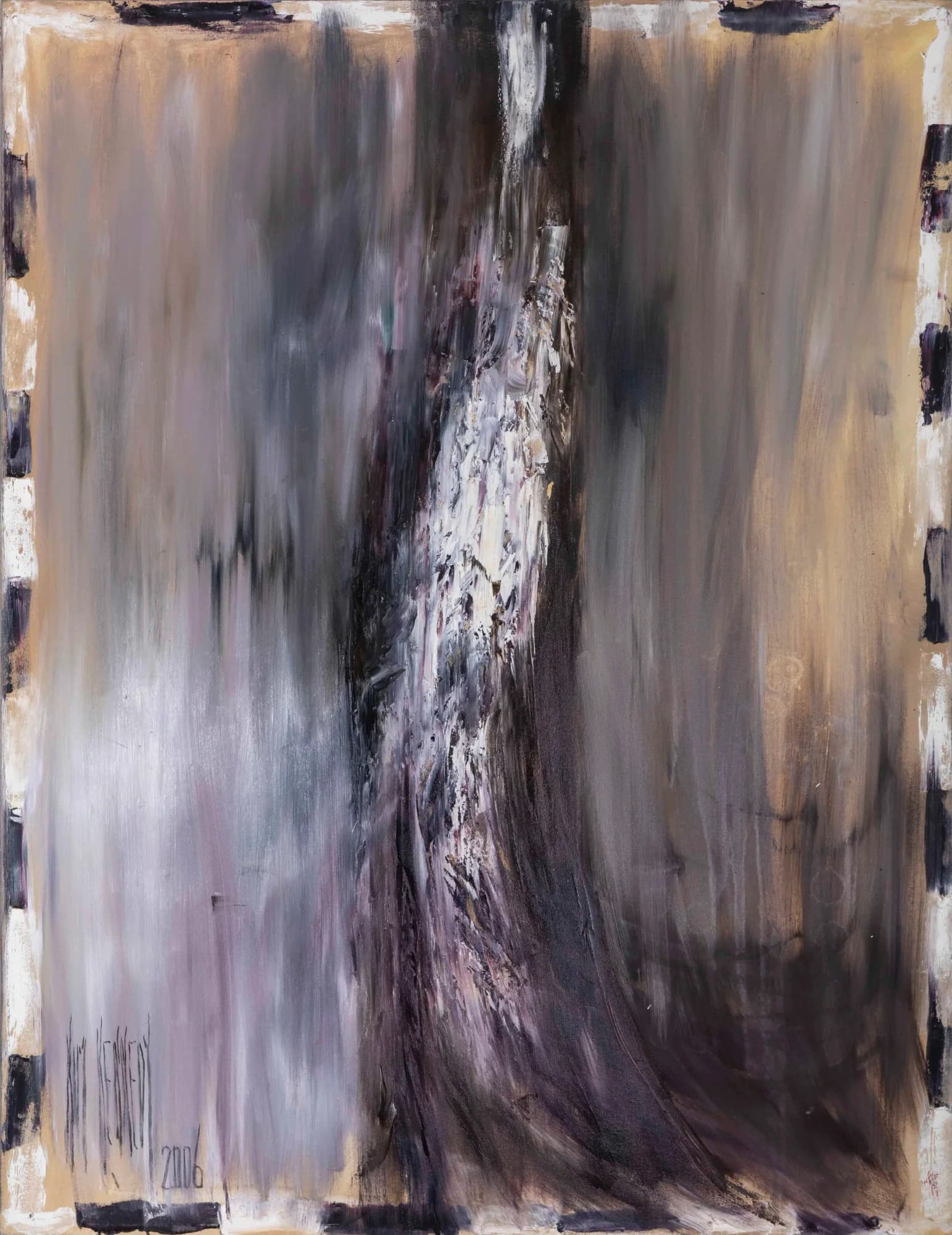 Burn Tree: lone charred tree trunk in misty grey-mauve haze, checkered dark border. Original painting by Kim Kennedy.