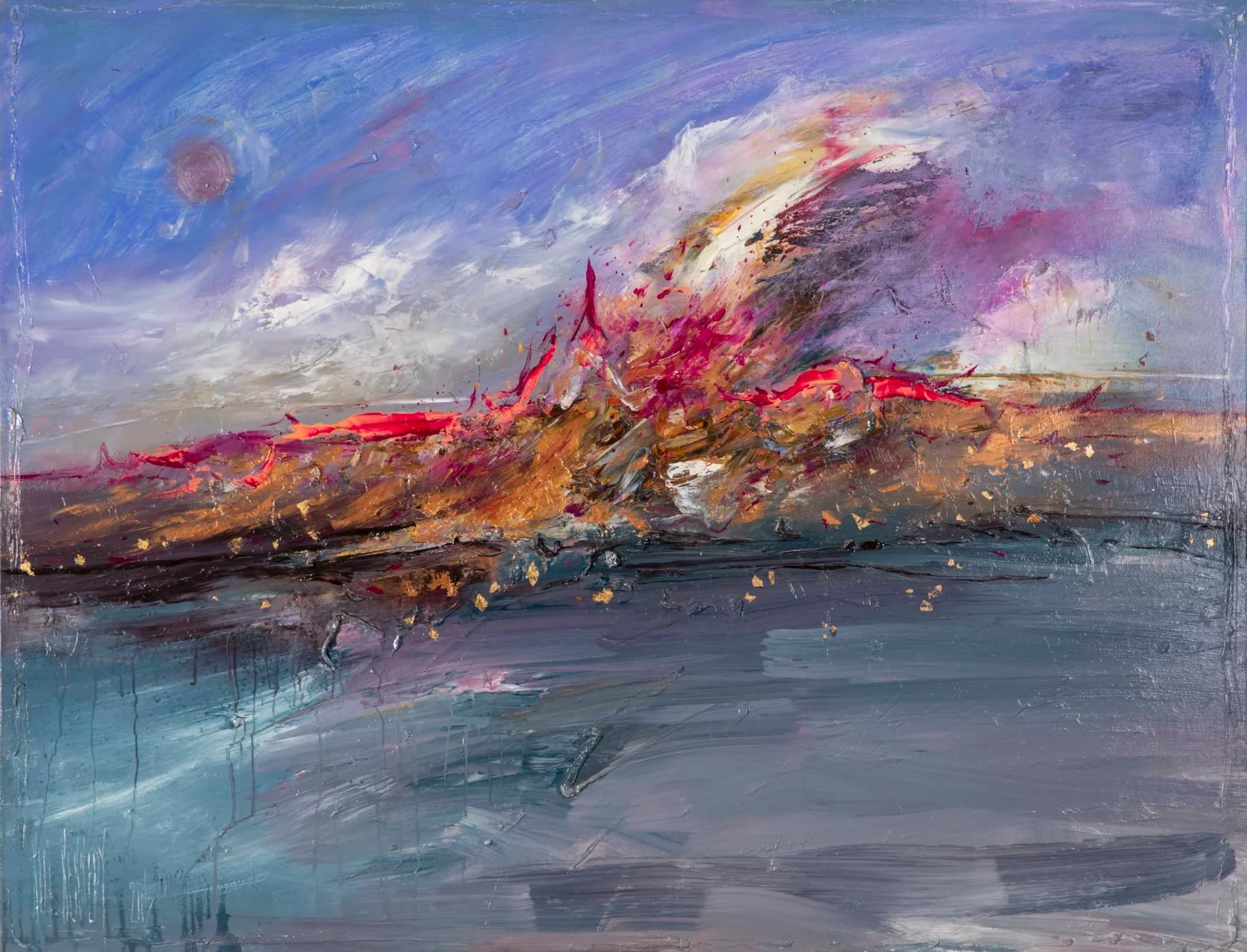Fire Line: fiery magenta-orange blaze erupting over slate-blue water, violet sky. Original painting by Kim Kennedy.