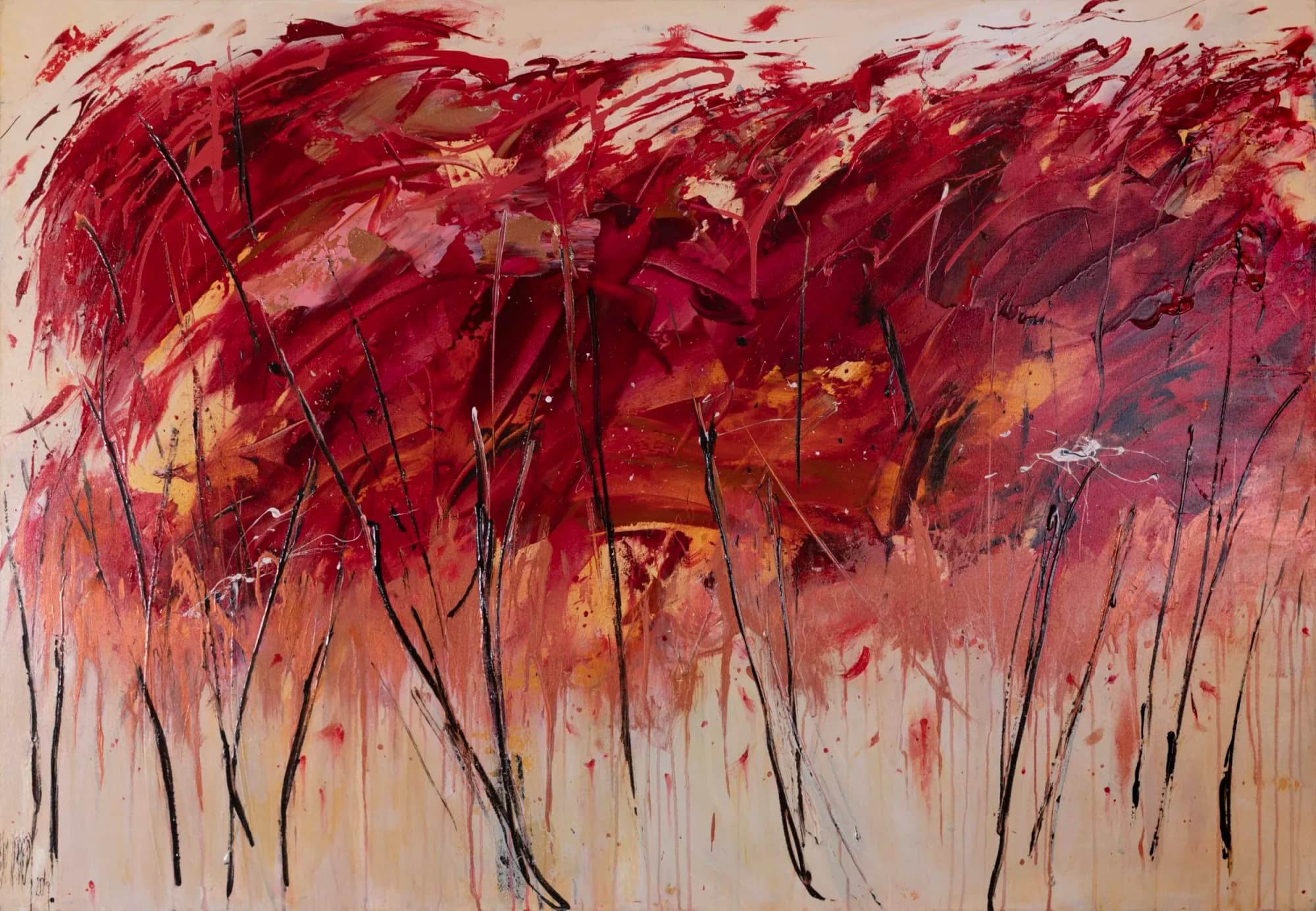 Fire Trees: sweeping crimson canopy over thin black saplings, dripping reds on cream ground. Original painting by Kim Kennedy.