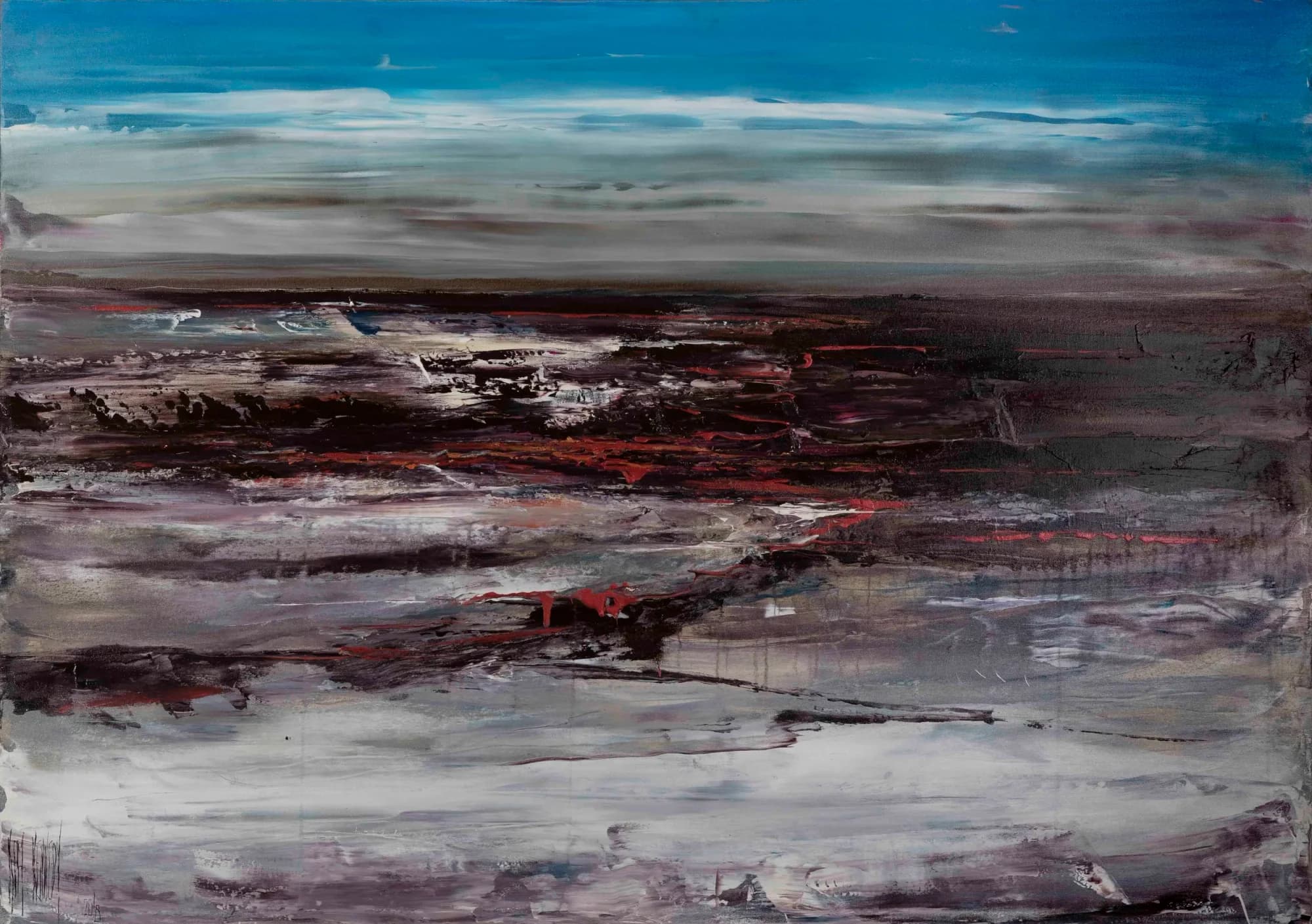 Great Southern Coast: moody coastal plain in dark browns and silver under strip of blue sky. Original painting by Kim Kennedy.