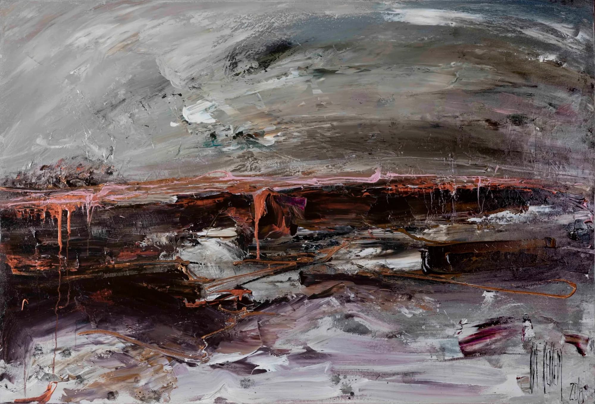 Landscape Study No. 1: stormy grey sky over dark ridge with dripping copper-orange highlights. Original painting by Kim Kennedy.