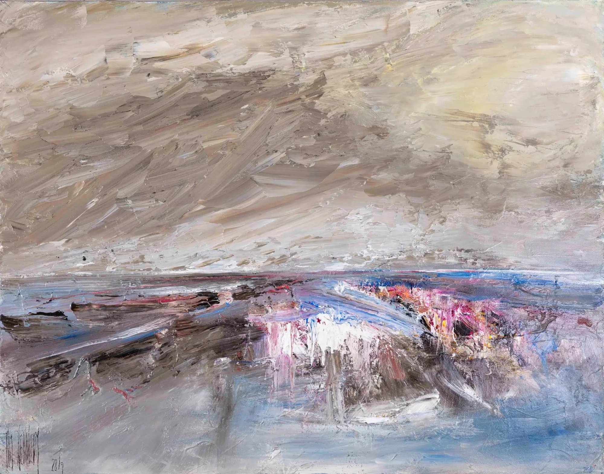 Landscape Study No. 10: thick beige impasto sky over horizon flecked with pink, blue and white. Original painting by Kim Kennedy.
