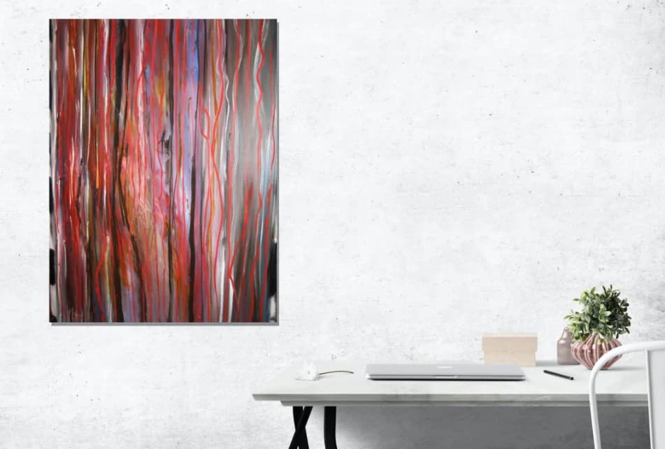 Landscape Study No. 11: vertical red and grey striped eucalypt-bark abstract above white desk. Original painting by Kim Kennedy.