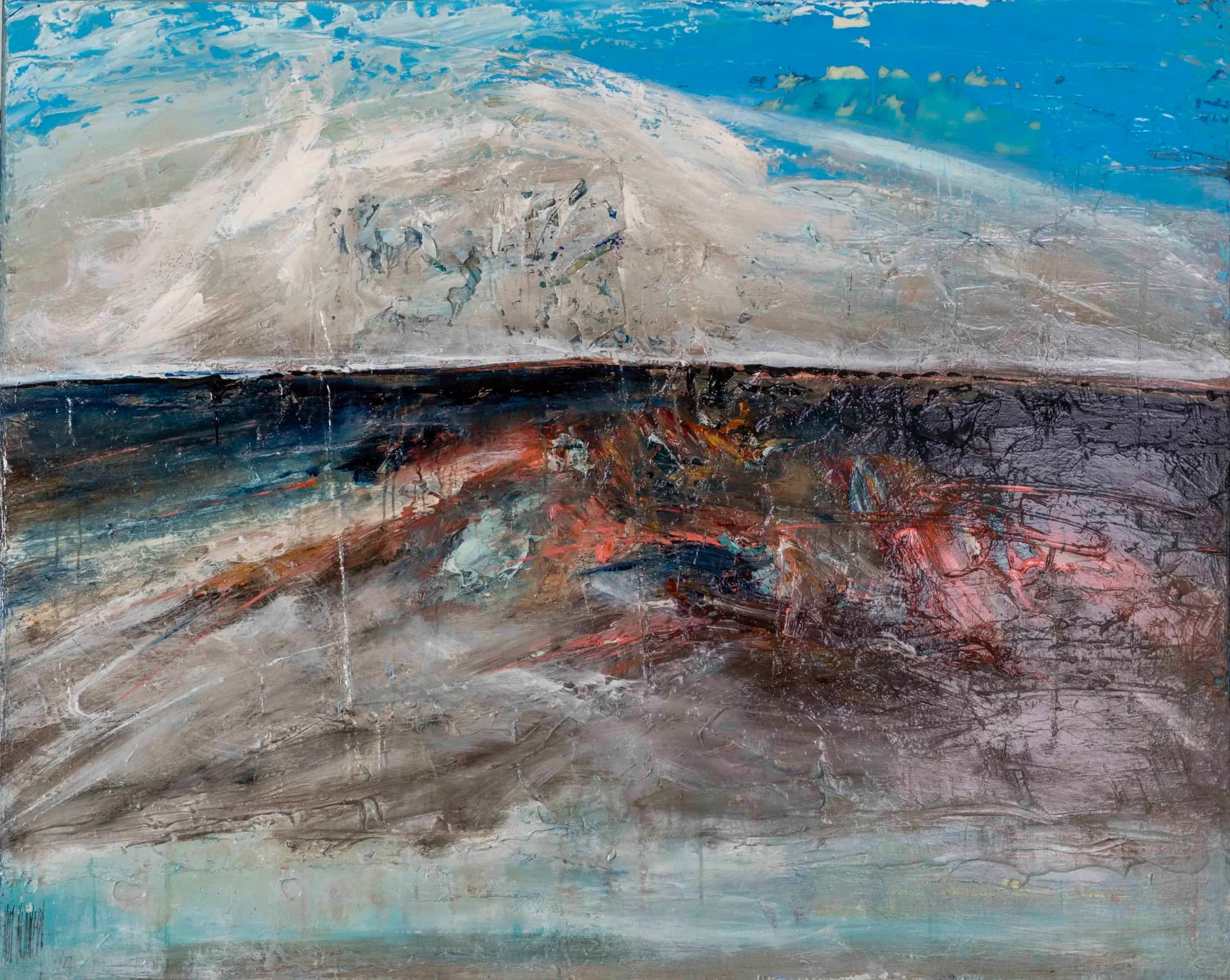 Landscape Study No. 2: white snowy mountain under turquoise sky, dark textured rust foreground. Original painting by Kim Kennedy.