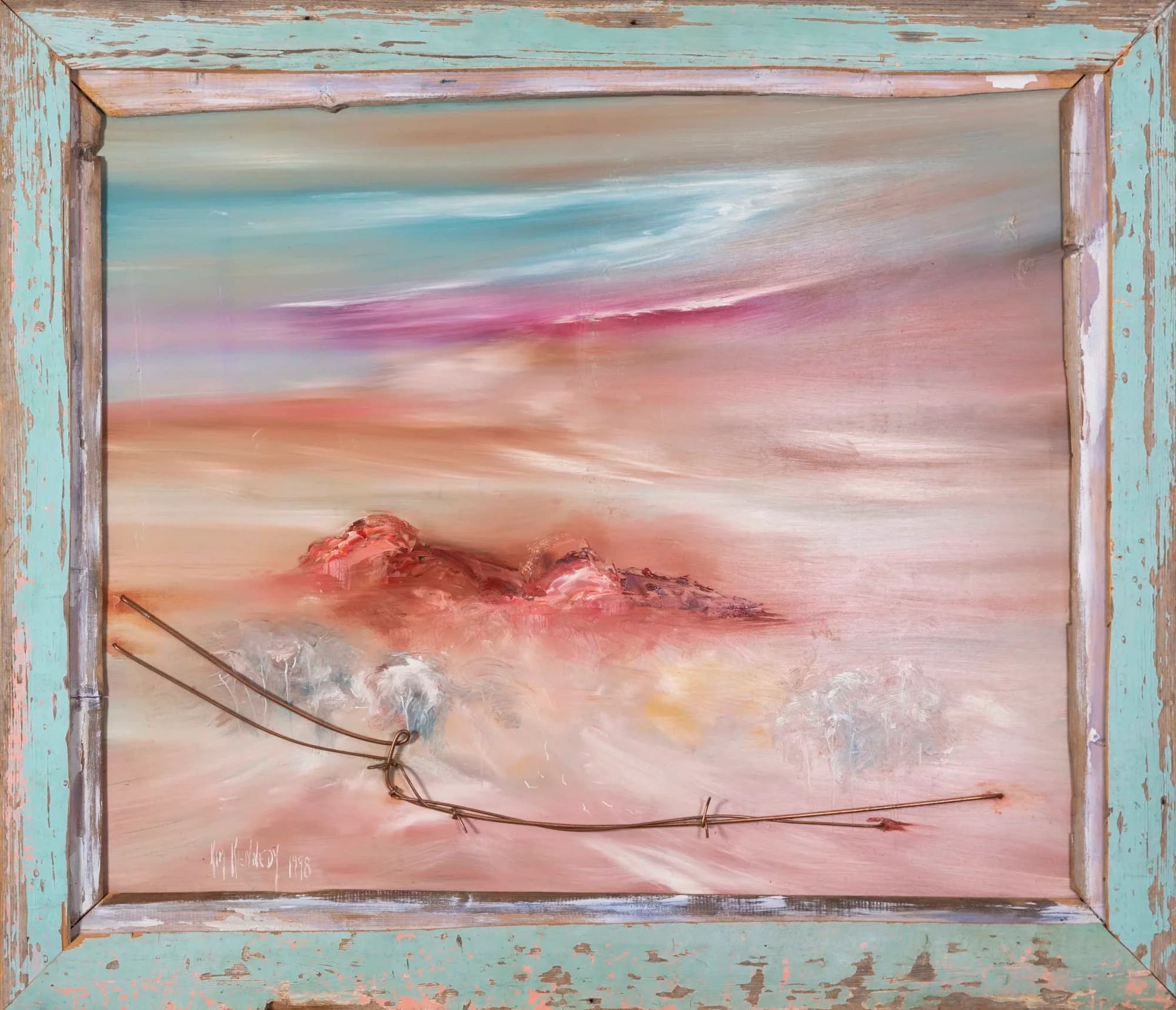 Landscape Study No. 3: soft pink desert haze with red outcrop and wire, distressed mint frame. Original painting by Kim Kennedy.