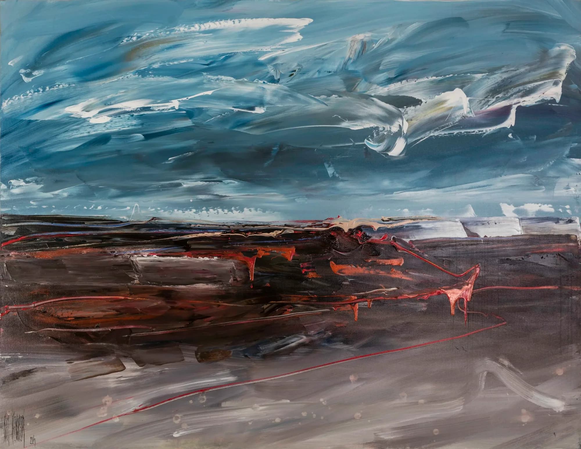 Landscape Study No. 4: brooding teal storm sky over dark earthy plain with red thread lines. Original painting by Kim Kennedy.