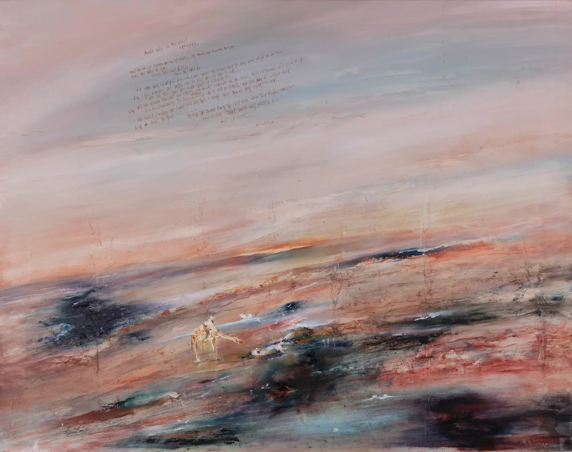 Landscape Study No. 5: soft pink and coral abstract landscape with dark rocky foreground and inscribed text. Original painting by Kim Kennedy.