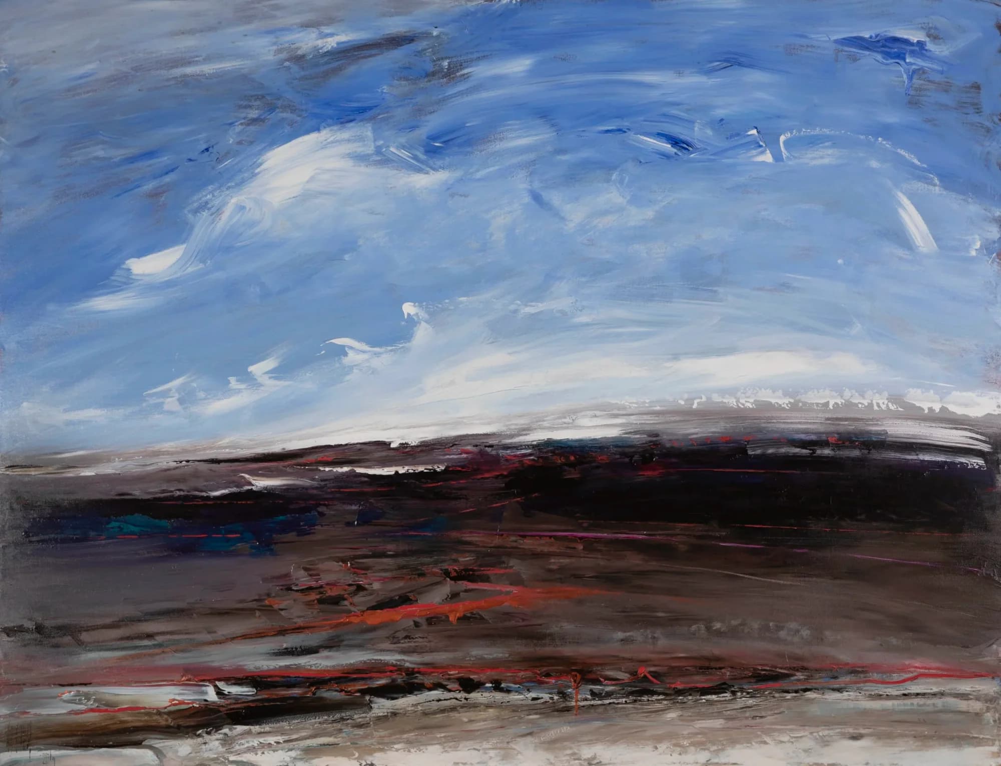 Landscape Study No. 6: expressive blue cloudy sky over dark plum plain with red streaks. Original painting by Kim Kennedy.
