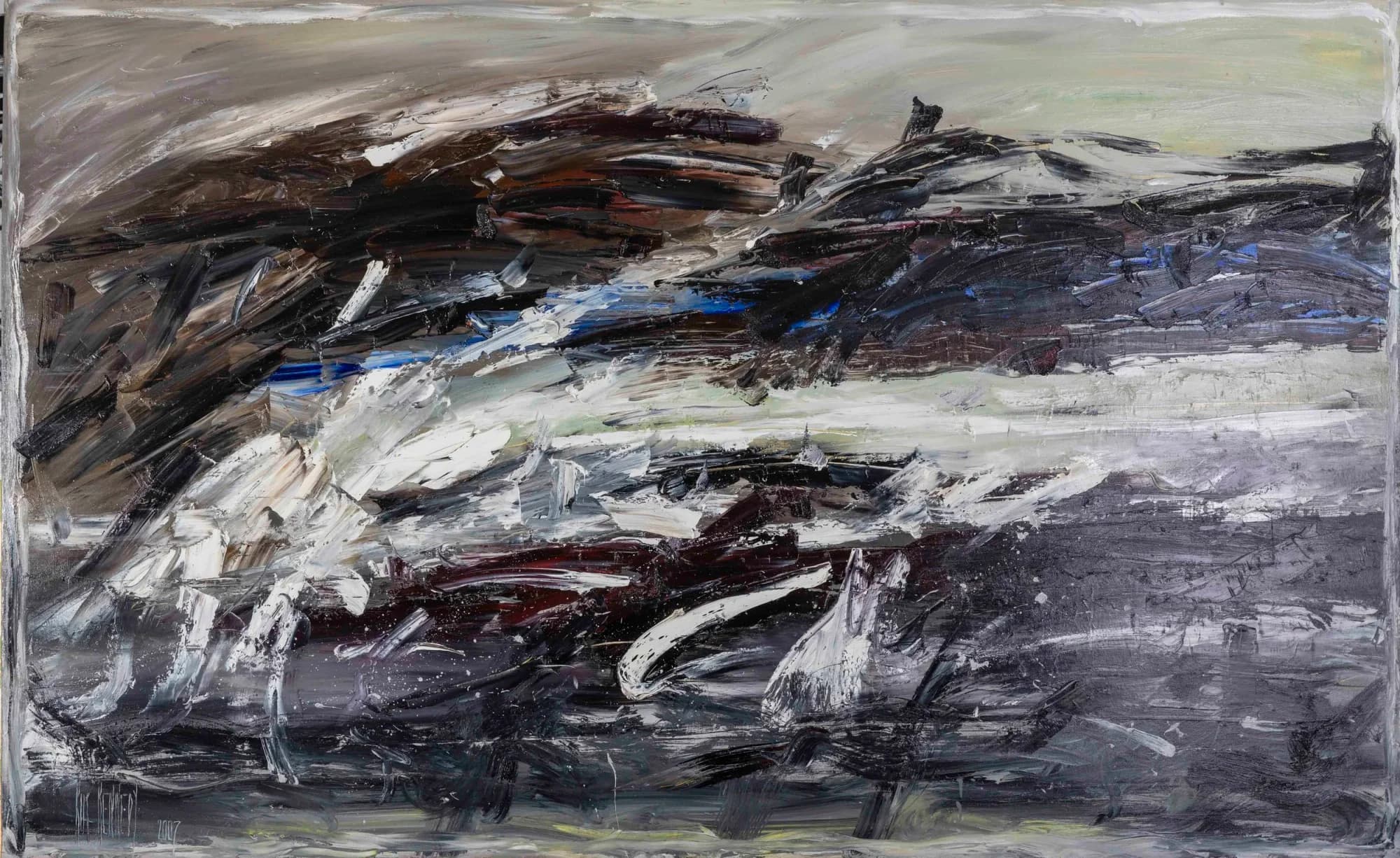 Landscape Study No. 7: stormy abstract in charcoal, brown and white slashing strokes, muted grey sky. Original painting by Kim Kennedy.
