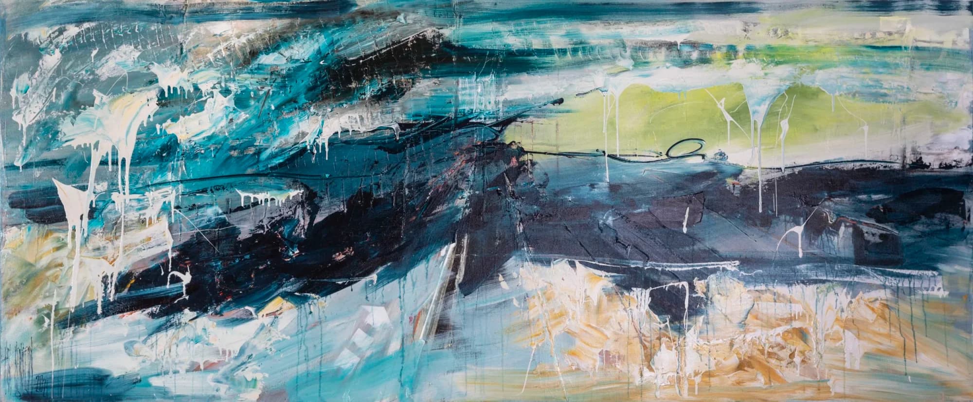 Landscape Study No. 8: panoramic teal and navy abstract seascape with lime green and ochre accents. Original painting by Kim Kennedy.