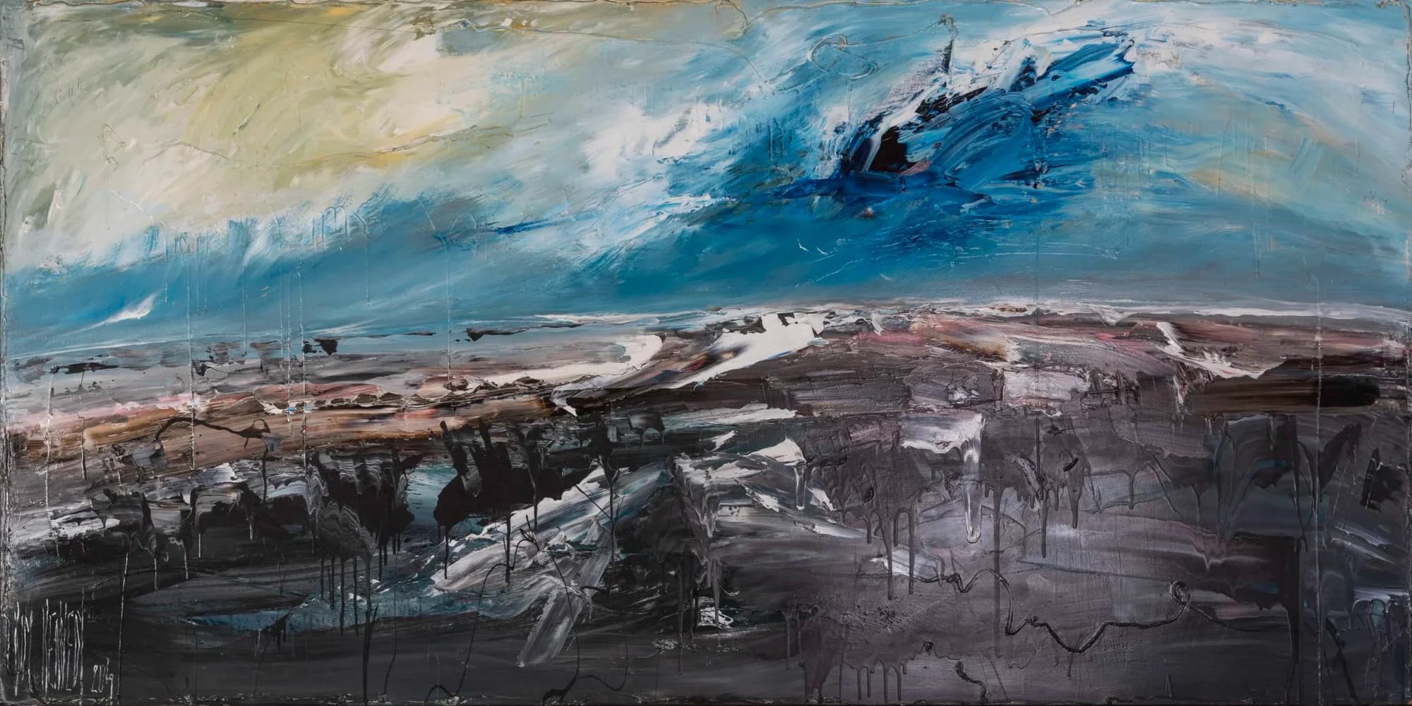 Landscape Study No. 9: dramatic blue storm cloud over dark cracked earthy plain, cream sky. Original painting by Kim Kennedy.