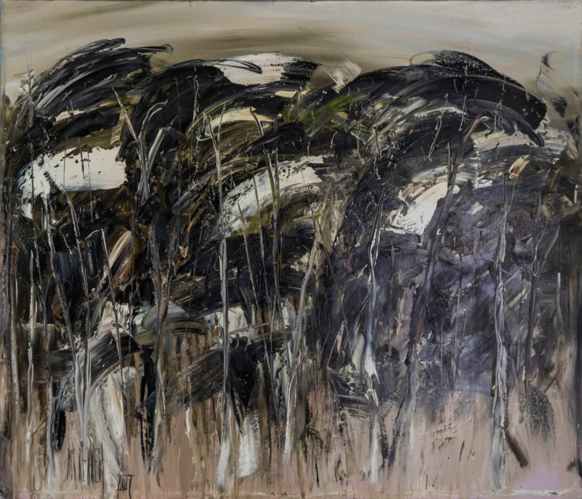 Scrub Trees: windswept dark scrub trees in black, olive and cream on beige ground. Original painting by Kim Kennedy.