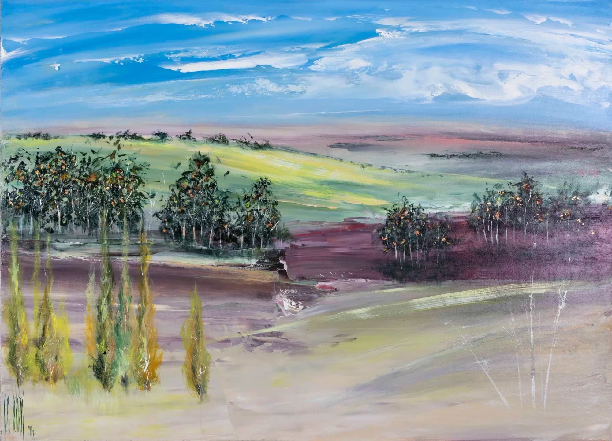 Sunlight Hill: sunlit rolling hills with poplar trees, blue sky, green and mauve fields. Original painting by Kim Kennedy.