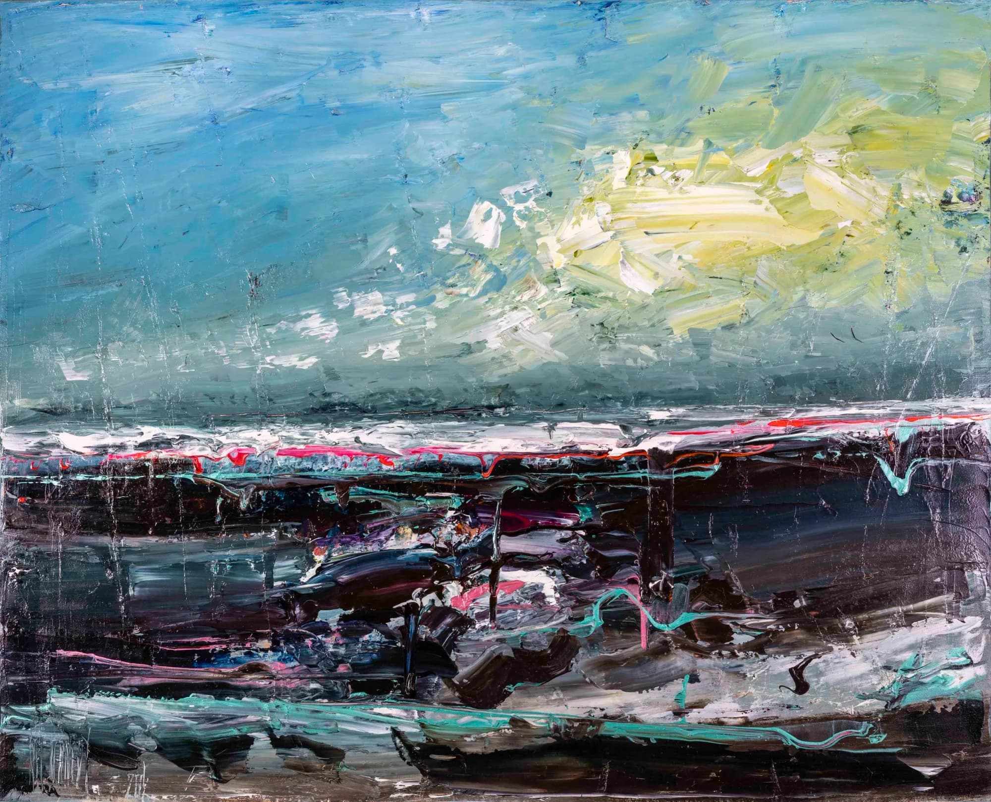 Sunrise to a Winter Seascape: thick impasto seascape, yellow sunrise in turquoise sky over dark teal-flecked shore. Original painting by Kim Kennedy.