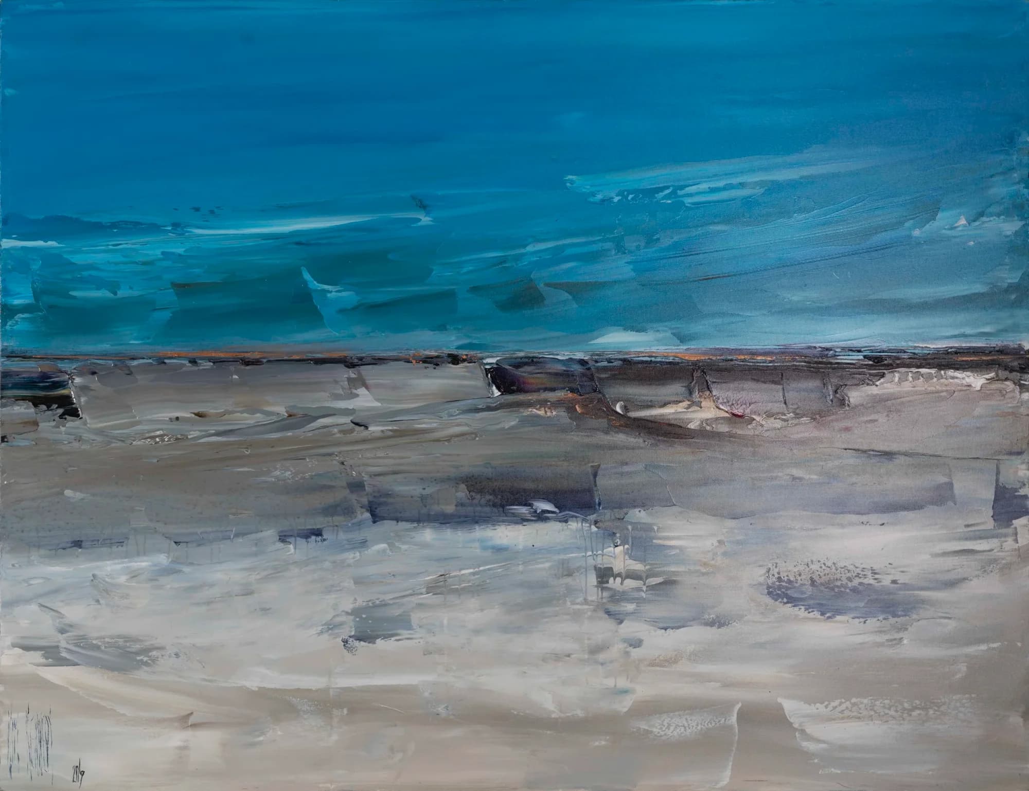 The Flooding: deep turquoise water band above pale grey flooded sand flats. Original painting by Kim Kennedy.