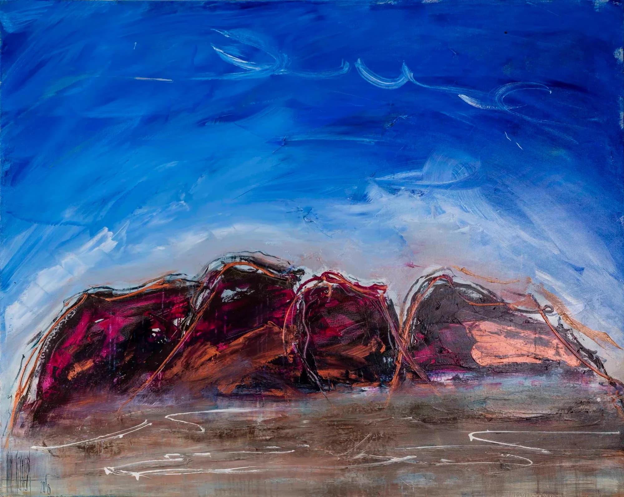 The Olgas: crimson and copper domed outback rock formations under vivid cobalt sky. Original painting by Kim Kennedy.