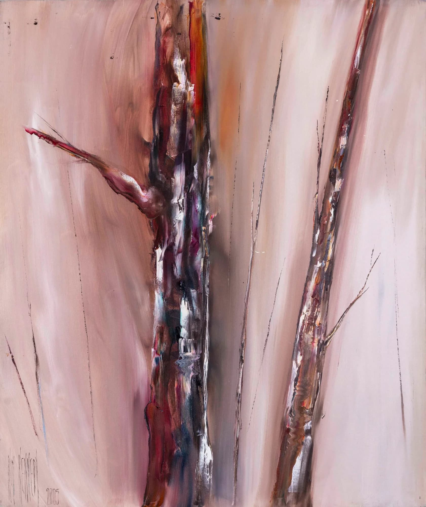 The Tall Ones: two slender gum tree trunks in reds and silvers on blush pink ground. Original painting by Kim Kennedy.