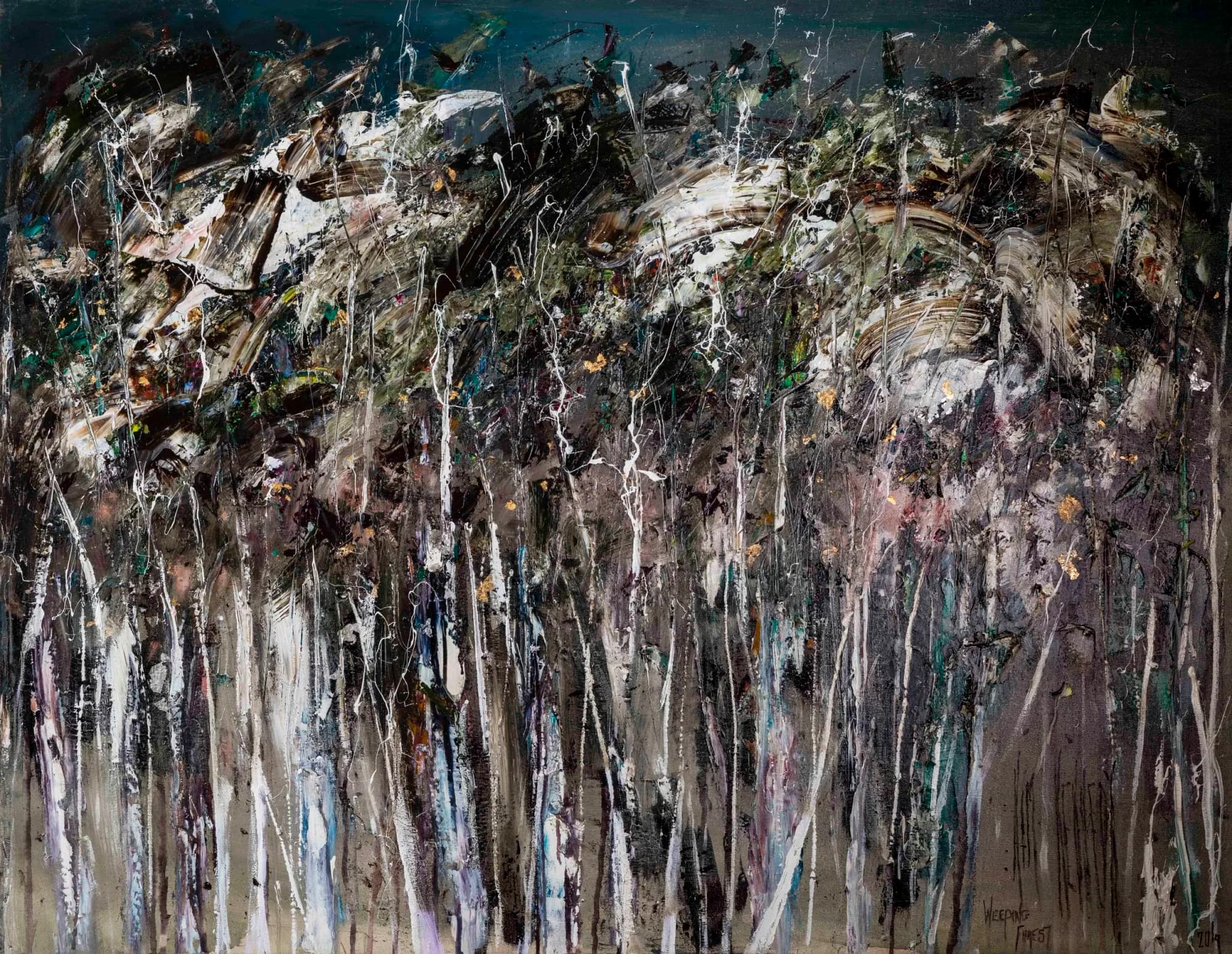 Weeping Forest: dense silvery birch-like forest, white drips over dark green-black canopy. Original painting by Kim Kennedy.