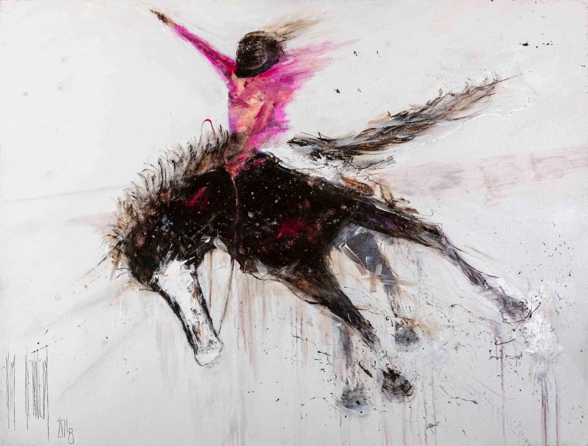 Buckjumper Glory: expressive black bucking horse, rider in pink shirt arm raised, white background. Original painting by Kim Kennedy.