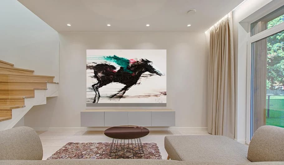 Final Run: galloping black racehorse with teal and red jockey accents on cream canvas. Original painting by Kim Kennedy.
