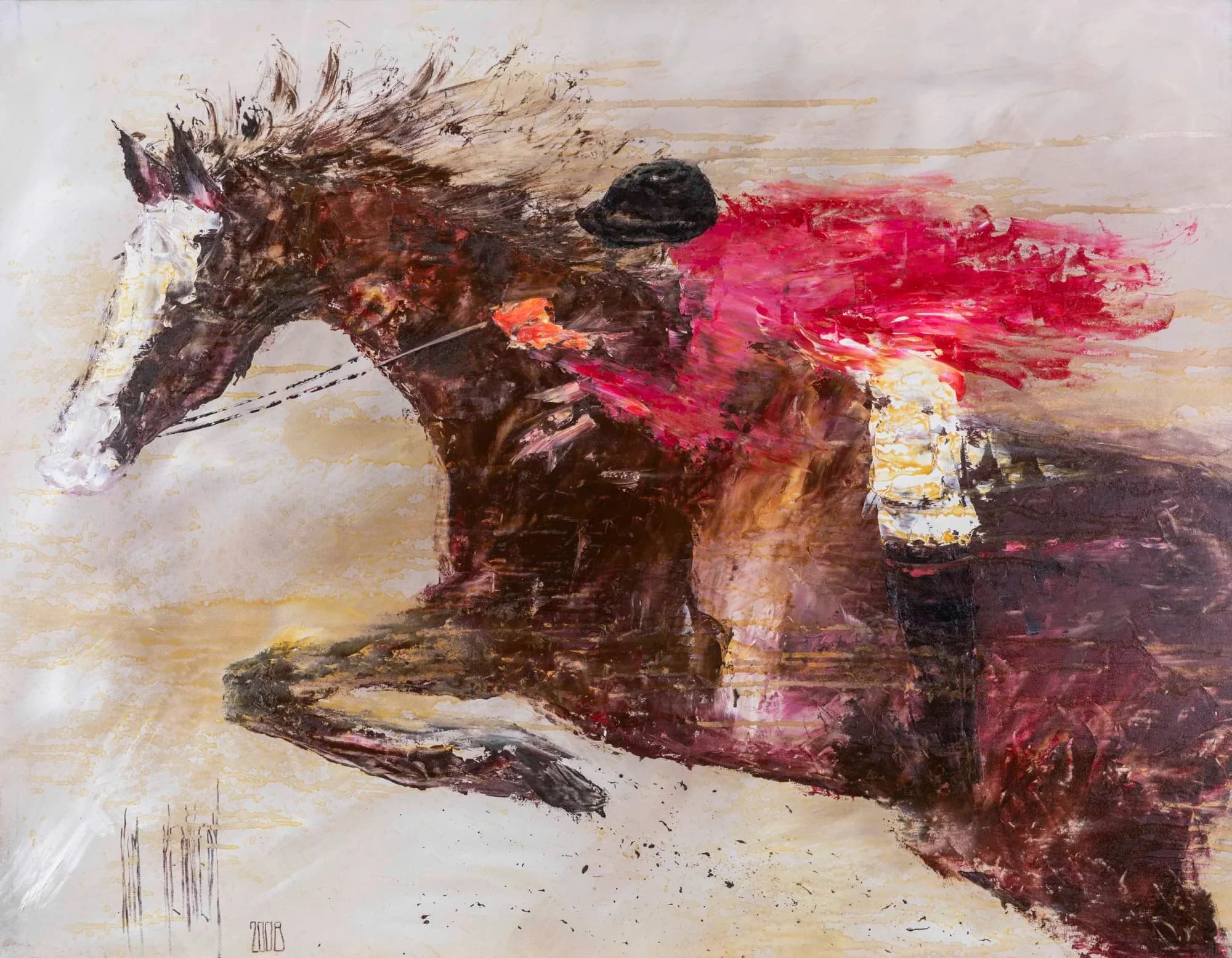 Hold on Tight: leaping chestnut horse, jockey in red silks, warm cream and ochre wash. Original painting by Kim Kennedy.
